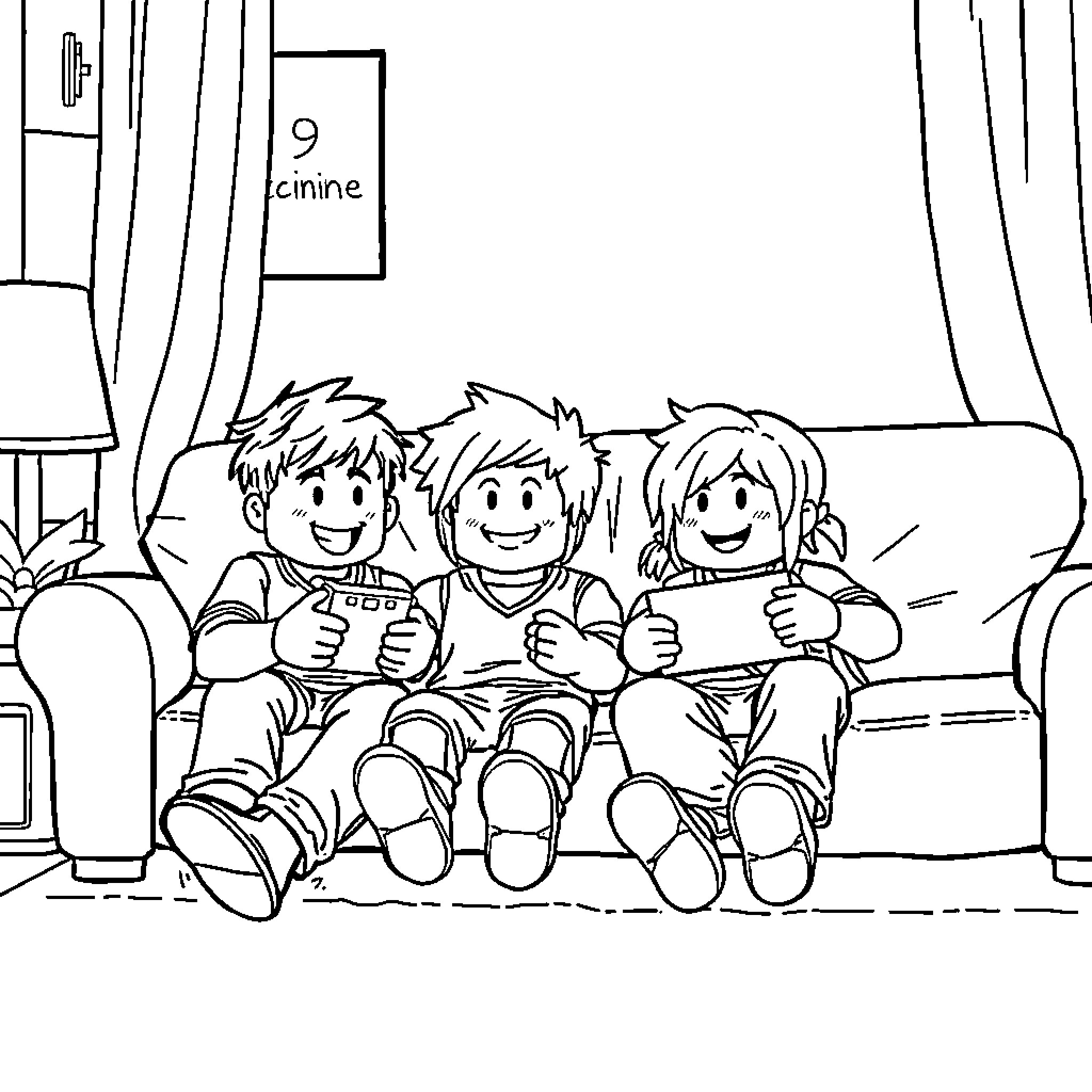 Roblox Characters Playing and Hanging Out Coloring Page (free black-and-white line drawing printable PDF for all, from beginners to advanced learners, including children, teens, adults, and seniors)