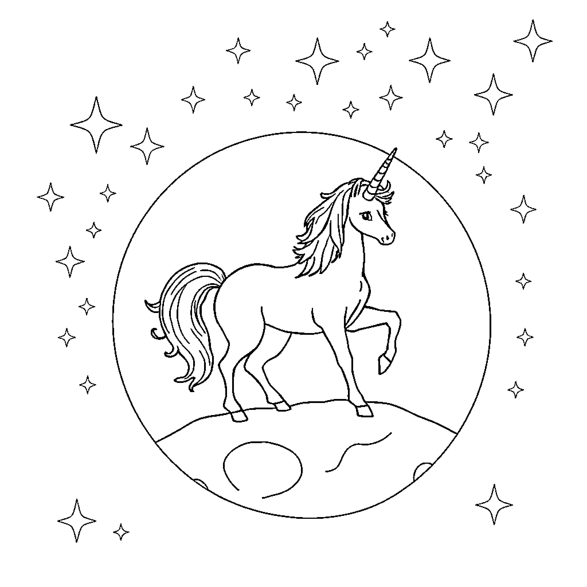 Unicorn standing under the starry night sky Coloring Page (free black-and-white line drawing printable PDF for all, from beginners to advanced learners, including children, teens, adults, and seniors)