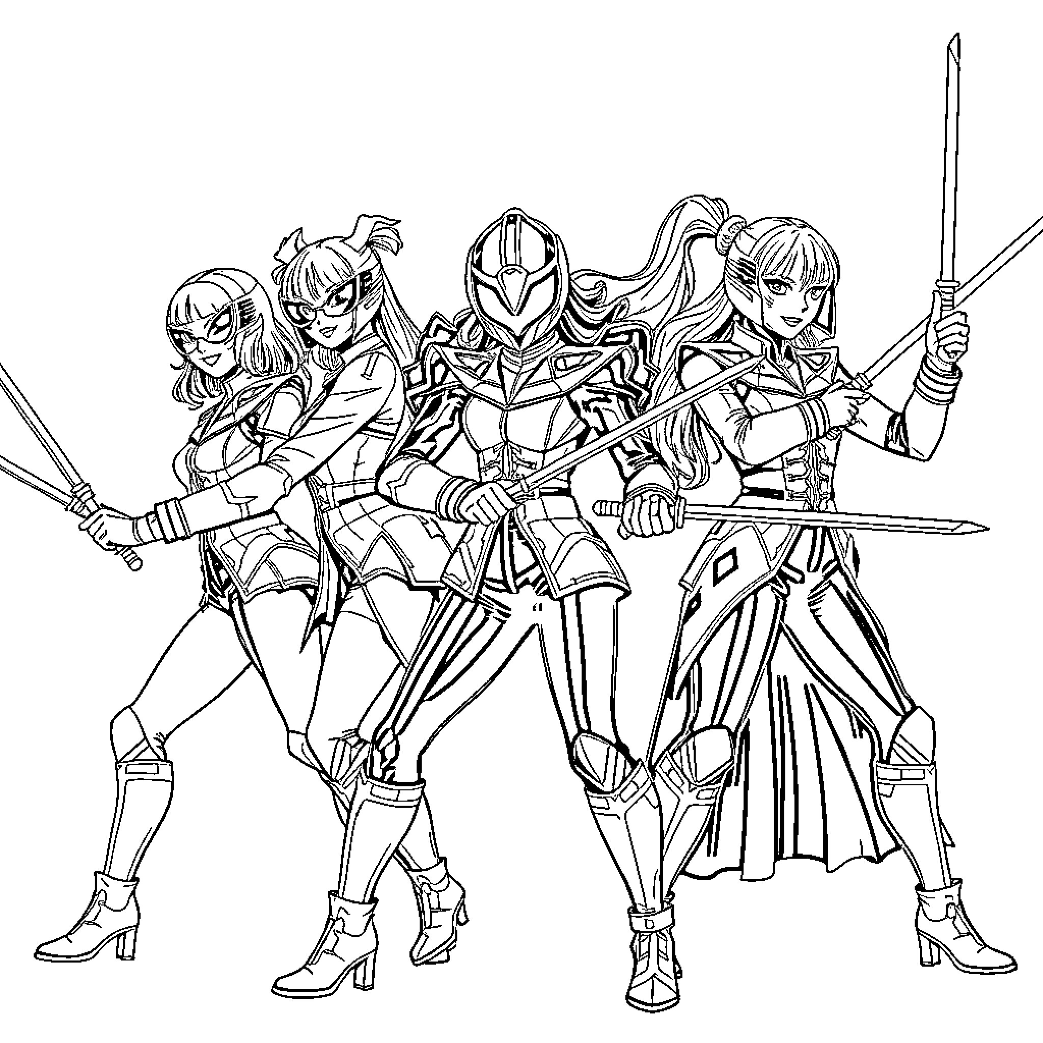 K-Pop Warriors in Fierce Battle Formation Coloring Page (free black-and-white line drawing printable PDF for all, from beginners to advanced learners, including children, teens, adults, and seniors)