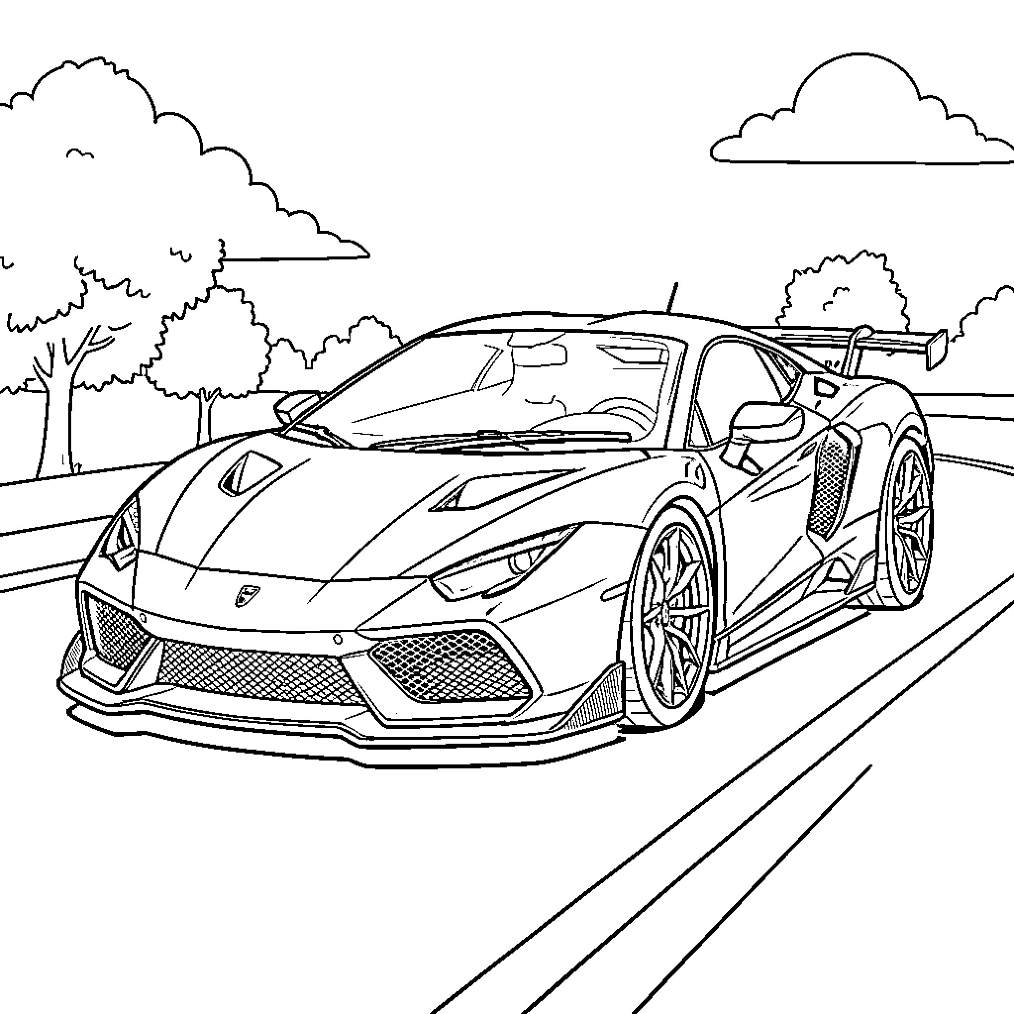 Sports Car on Winding Road through Scenic Landscape Coloring Page (free black-and-white line drawing printable PDF for all, from beginners to advanced learners, including children, teens, adults, and seniors)