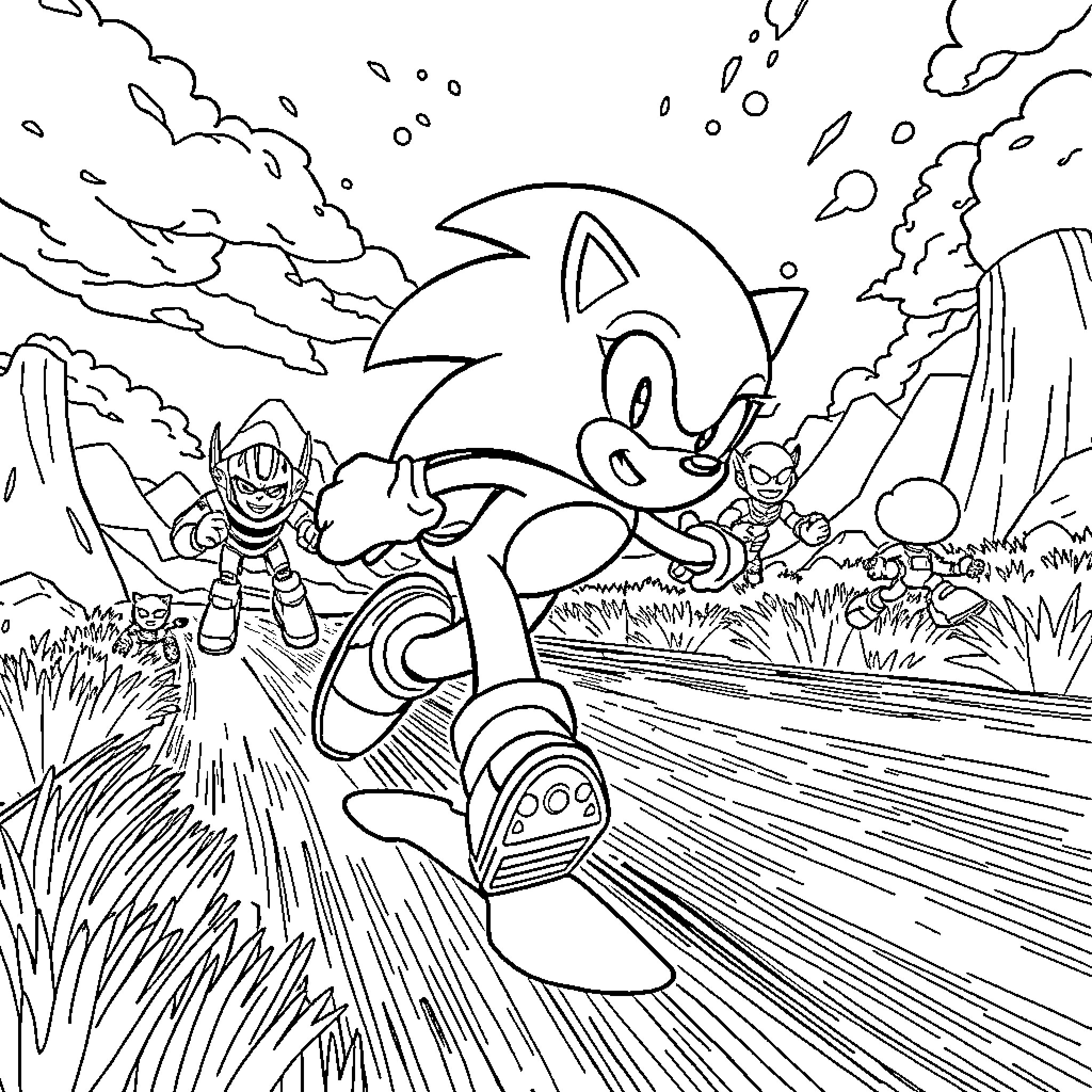 Sonic Running Dynamically Through the Outdoors Coloring Page (free black-and-white line drawing printable PDF for all, from beginners to advanced learners, including children, teens, adults, and seniors)