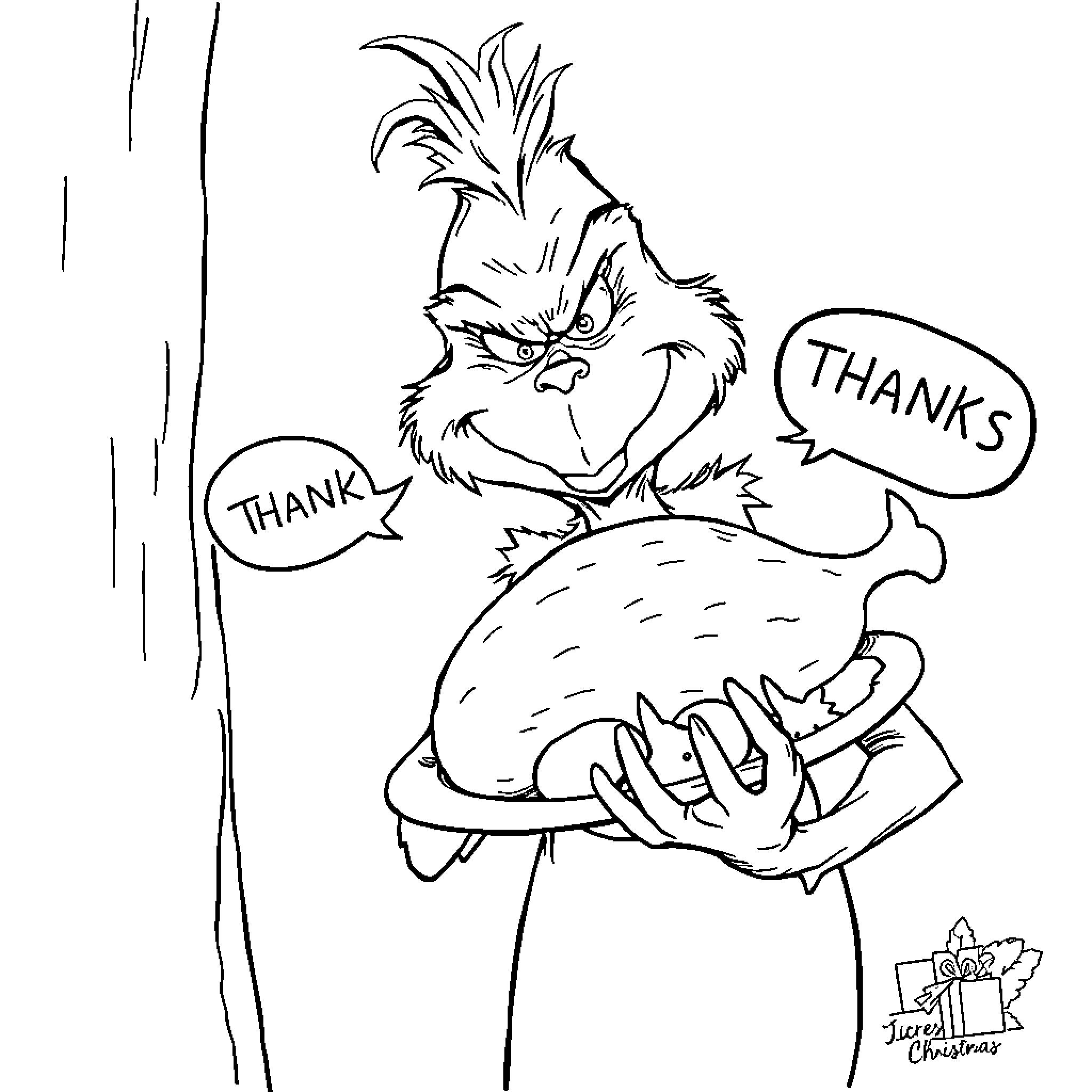 Grinch expressing gratitude with speech bubbles Coloring Page (free black-and-white line drawing printable PDF for all, from beginners to advanced learners, including children, teens, adults, and seniors)