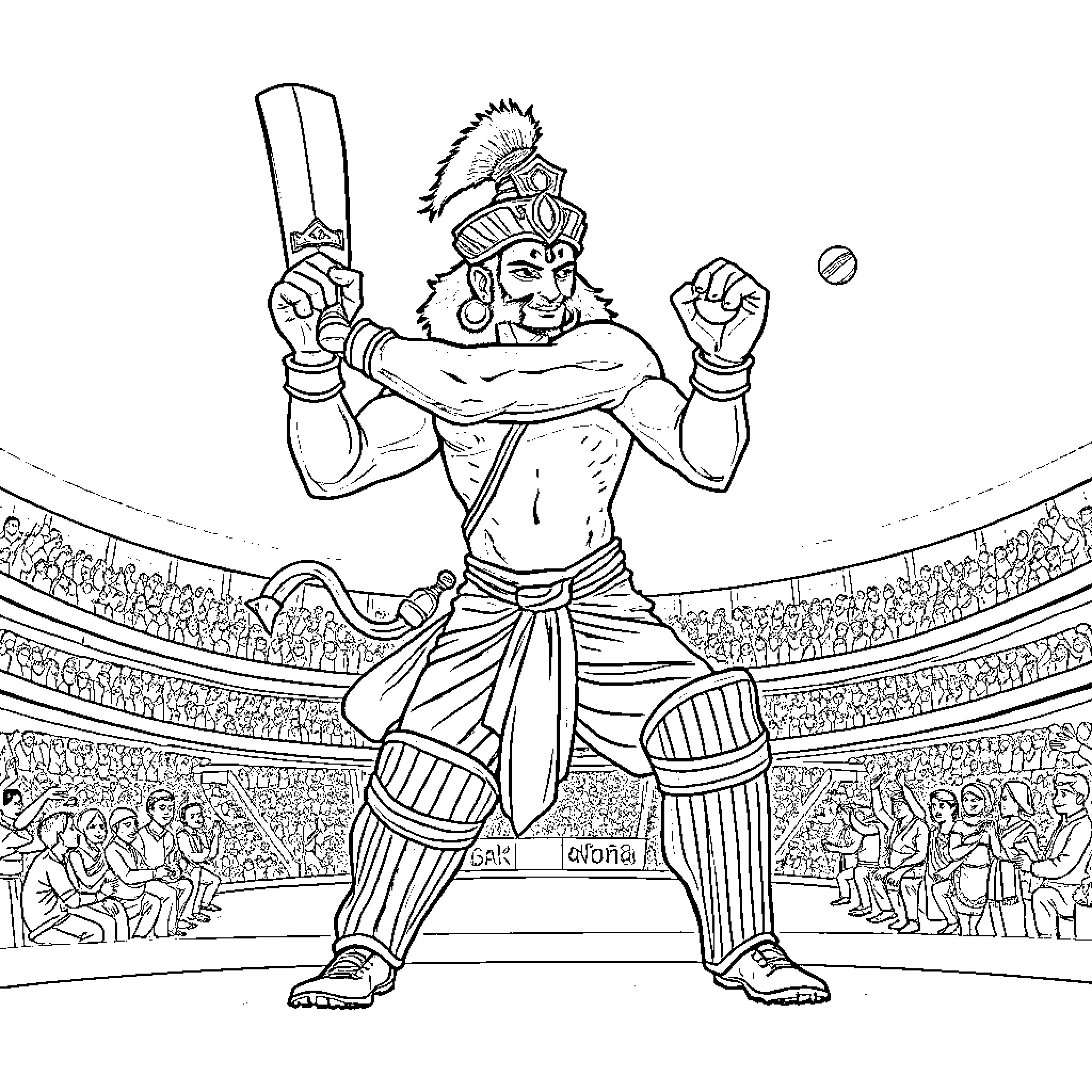 Hanuman batting fiercely in a grand cricket stadium Coloring Page (free black-and-white line drawing printable PDF for all, from beginners to advanced learners, including children, teens, adults, and seniors)