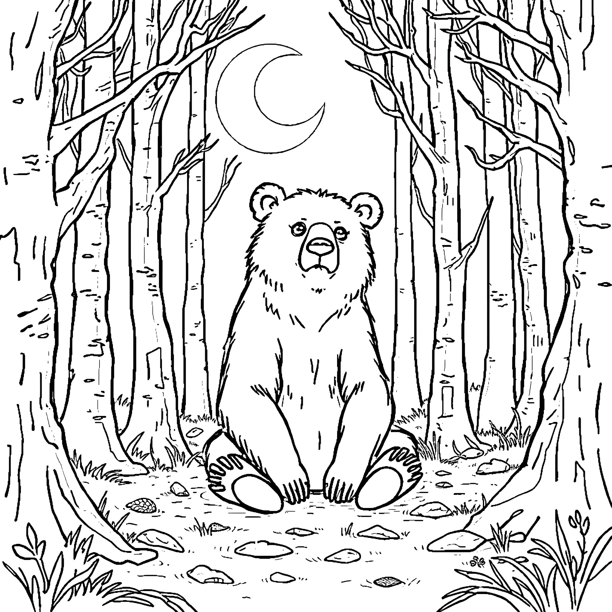 Bear in the moonlit forest Coloring Page (free black-and-white line drawing printable PDF for all, from beginners to advanced learners, including children, teens, adults, and seniors)