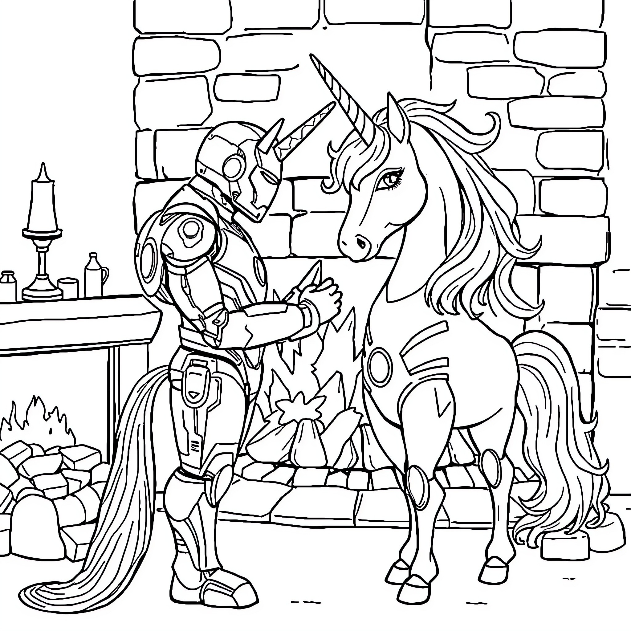 Iron Man interacting with a magical unicorn Coloring Page (free black-and-white line drawing printable PDF for all, from beginners to advanced learners, including children, teens, adults, and seniors)