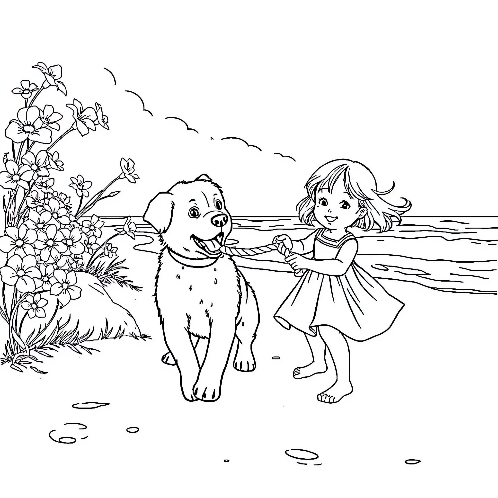 Dog and girl playing by the shore Coloring Page (free black-and-white line drawing printable PDF for all, from beginners to advanced learners, including children, teens, adults, and seniors)