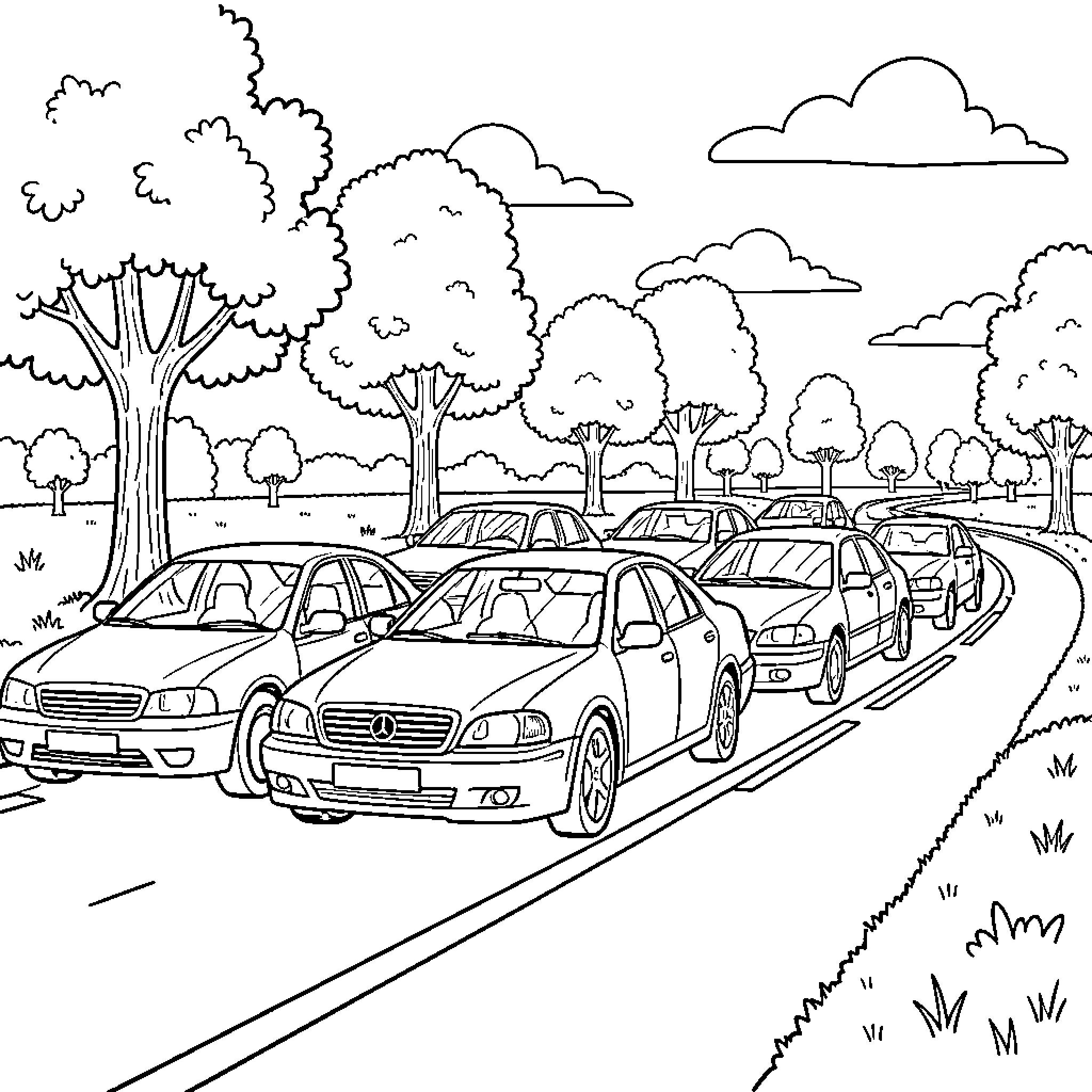 Car driving in a long line on a road Coloring Page (free black-and-white line drawing printable PDF for all, from beginners to advanced learners, including children, teens, adults, and seniors)
