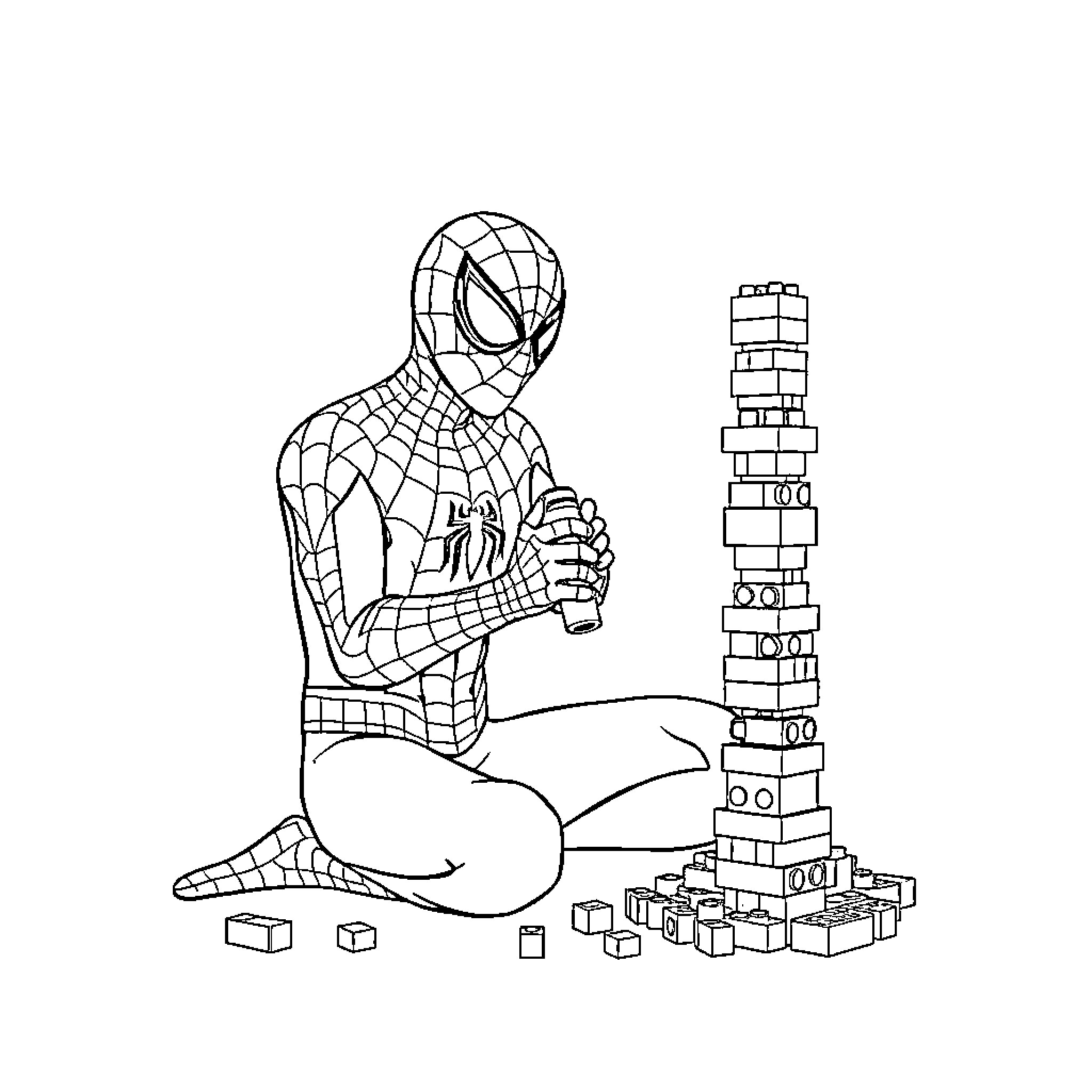 Spiderman assembling a building from toy blocks Coloring Page (free black-and-white line drawing printable PDF for all, from beginners to advanced learners, including children, teens, adults, and seniors)