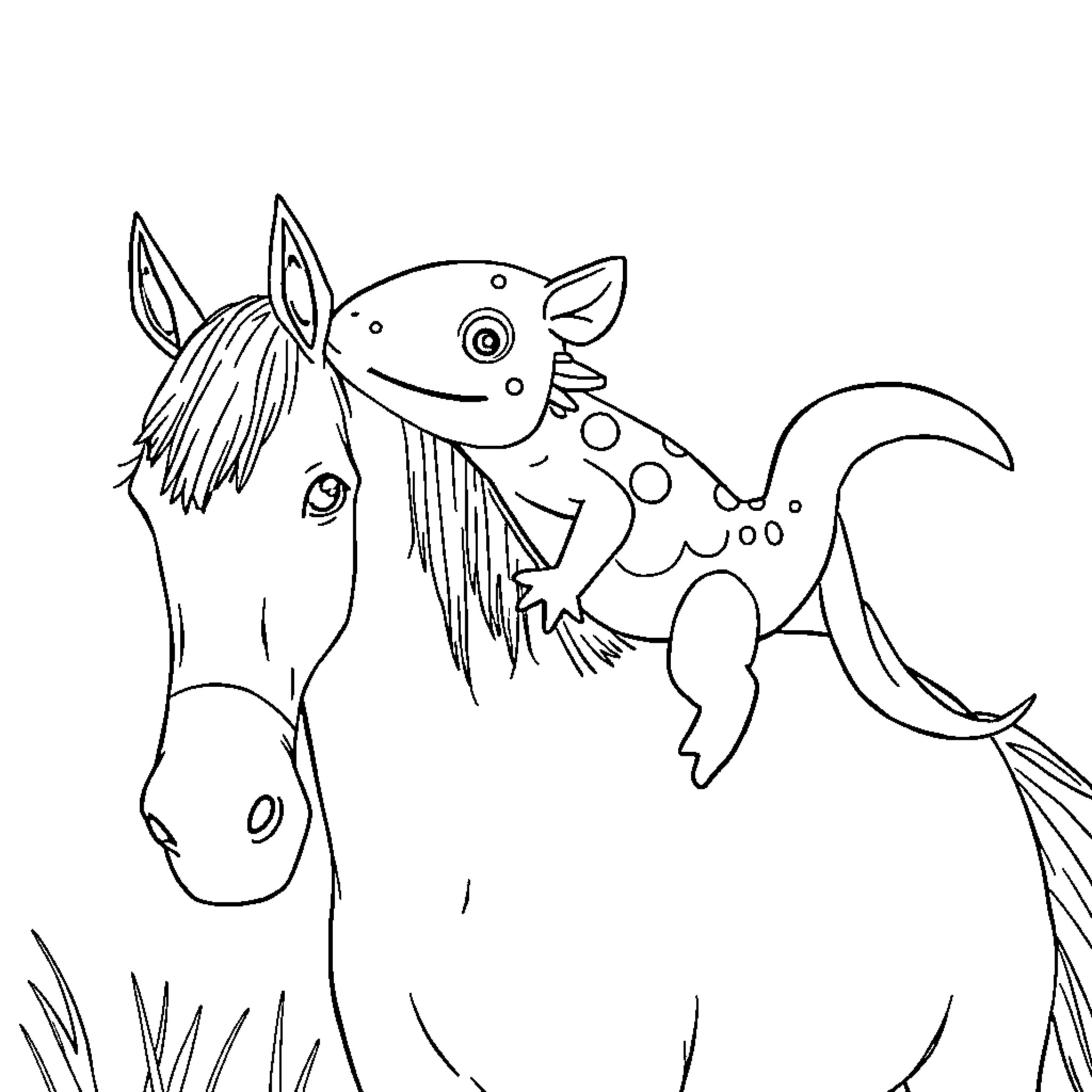 Axolotl riding on a horse's back Coloring Page (free black-and-white line drawing printable PDF for all, from beginners to advanced learners, including children, teens, adults, and seniors)