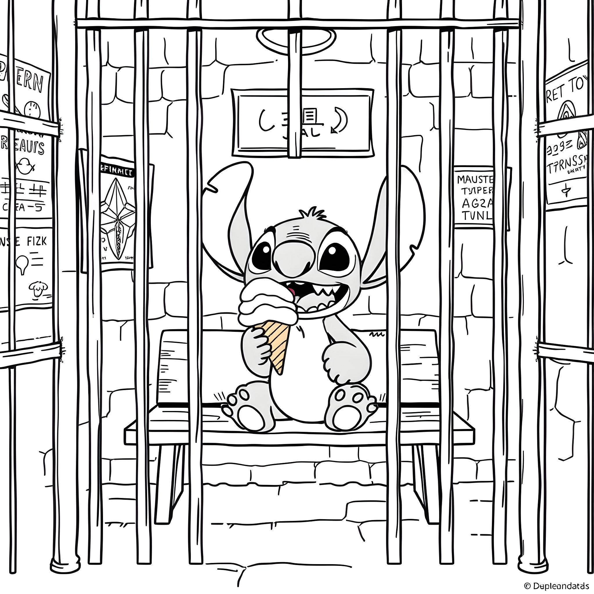 Stitch Behind Bars in Cell Coloring Page (free black-and-white line drawing printable PDF for all, from beginners to advanced learners, including children, teens, adults, and seniors)