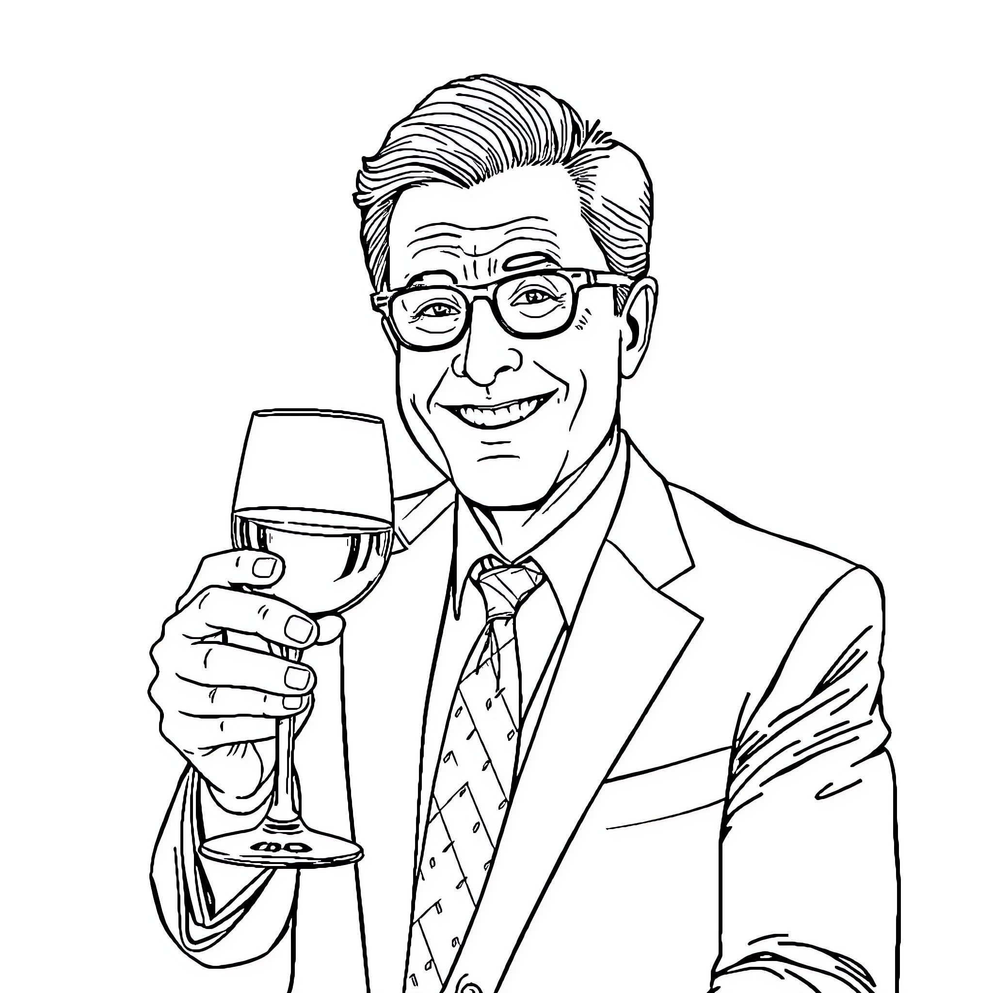 Stephen Colbert holding wine glass and smiling Coloring Page (free black-and-white line drawing printable PDF for all, from beginners to advanced learners, including children, teens, adults, and seniors)