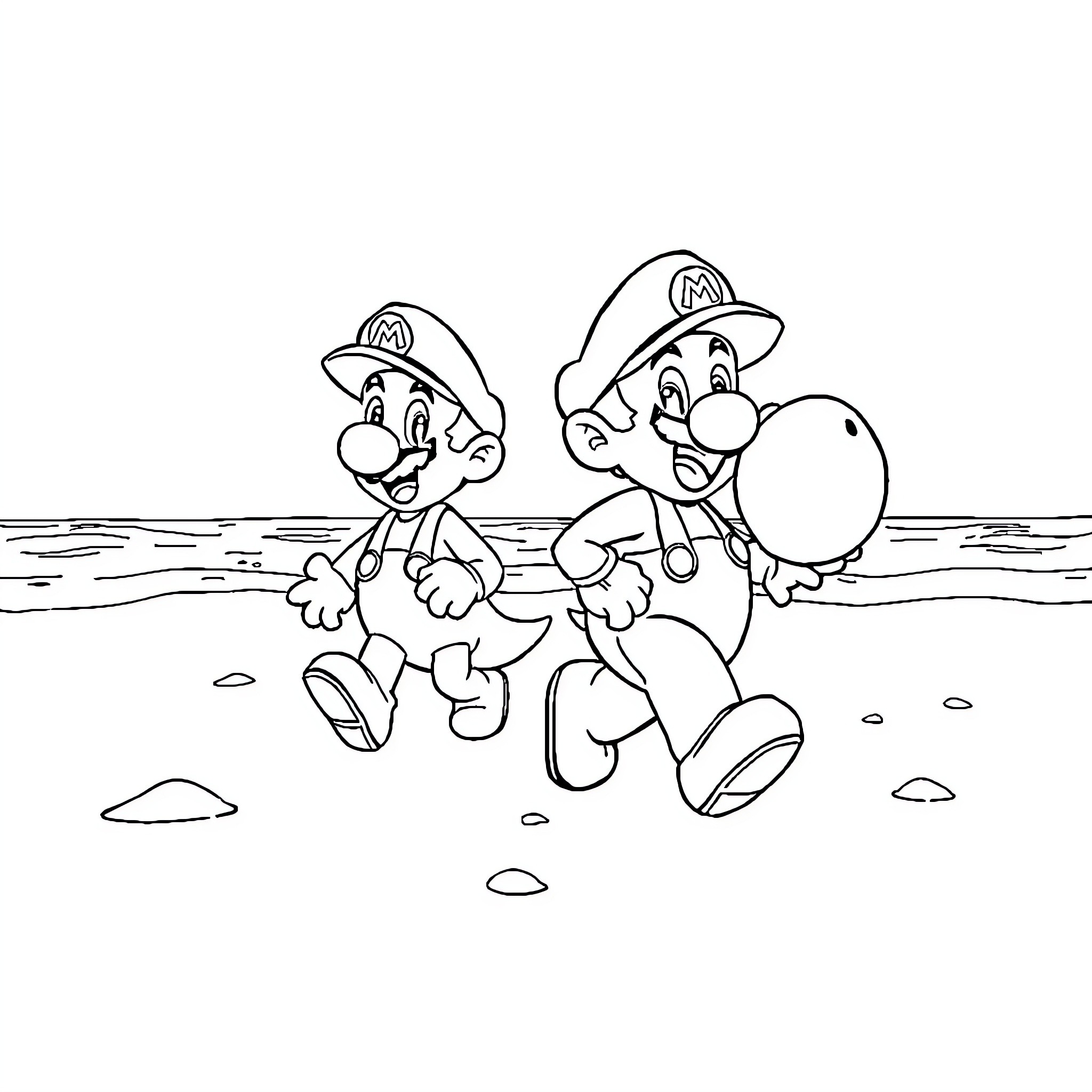 Mario Brothers Explore the Outdoors Coloring Page (free black-and-white line drawing printable PDF for all, from beginners to advanced learners, including children, teens, adults, and seniors)
