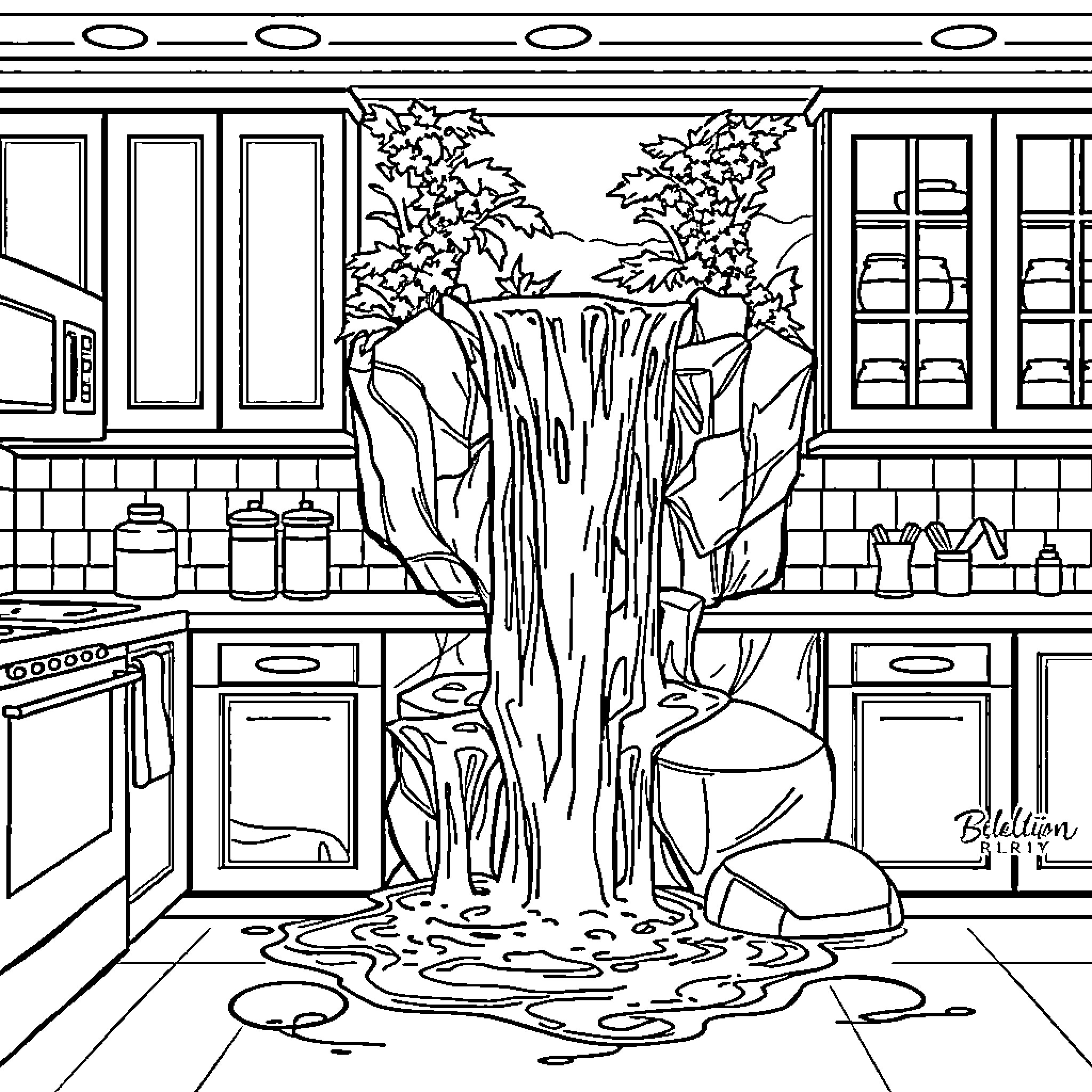 Waterfall in the kitchen: a whimsical scene Coloring Page (free black-and-white line drawing printable PDF for all, from beginners to advanced learners, including children, teens, adults, and seniors)