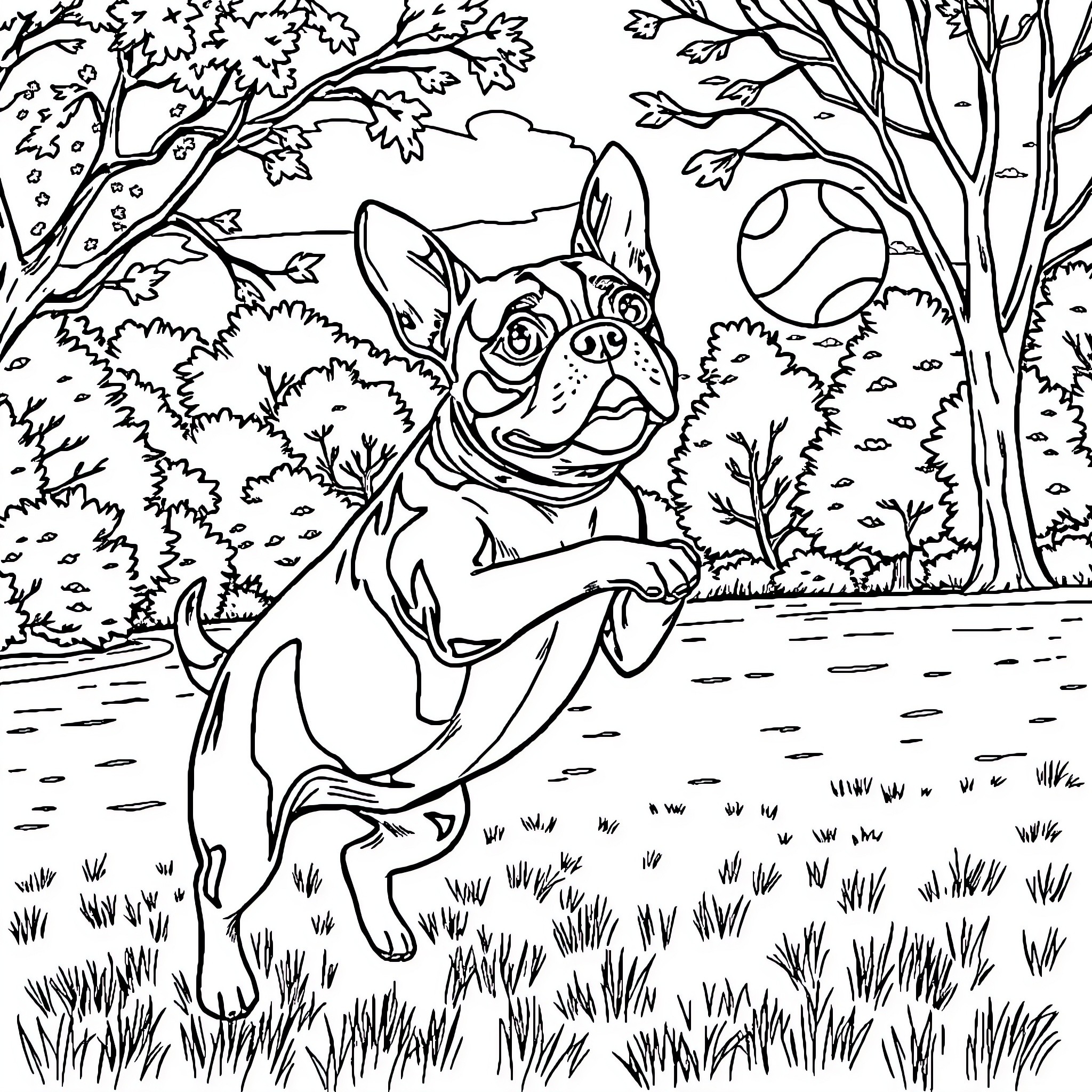 Boston Terrier playing joyfully in the park Coloring Page (free black-and-white line drawing printable PDF for all, from beginners to advanced learners, including children, teens, adults, and seniors)