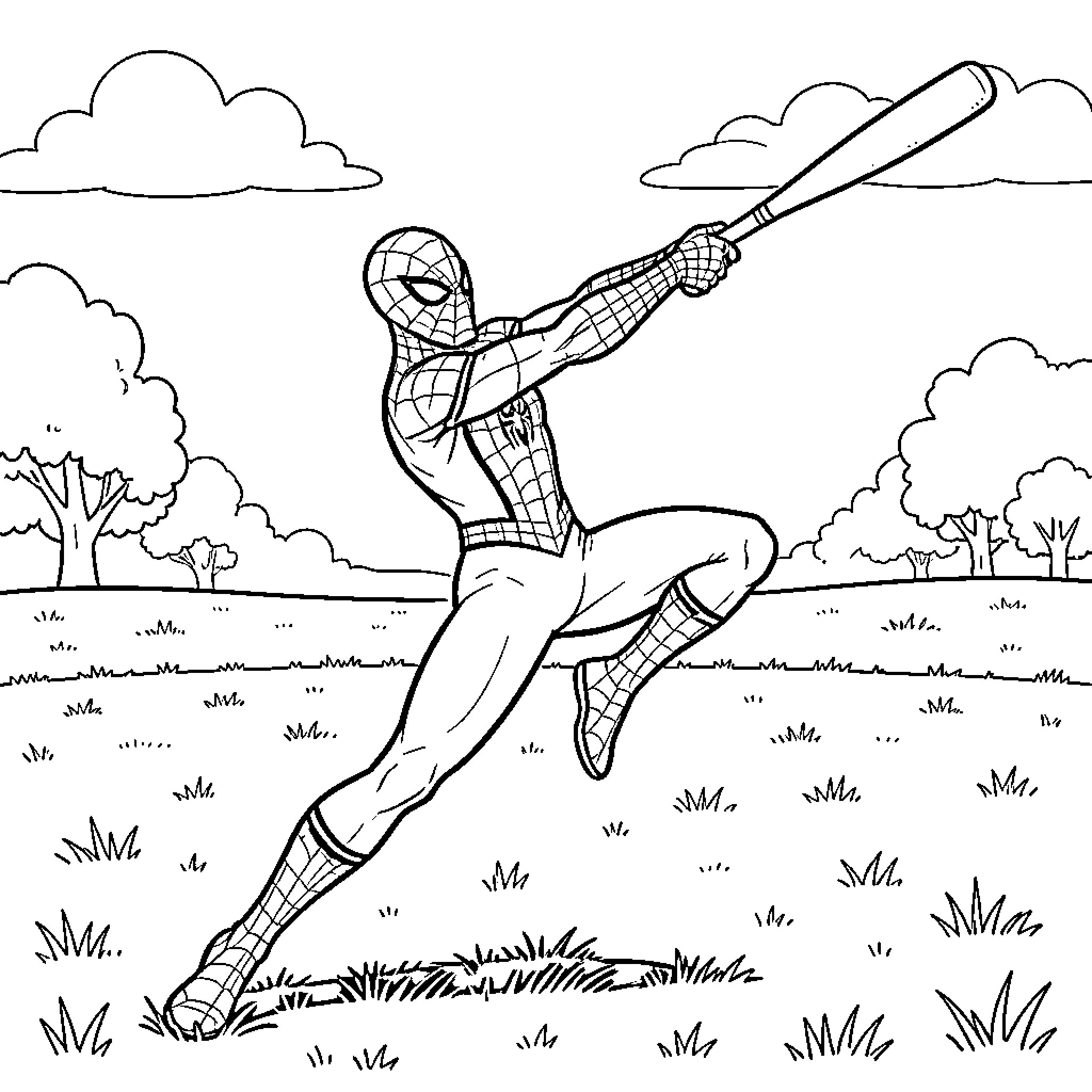Spiderman swinging through the air with web Coloring Page (free black-and-white line drawing printable PDF for all, from beginners to advanced learners, including children, teens, adults, and seniors)