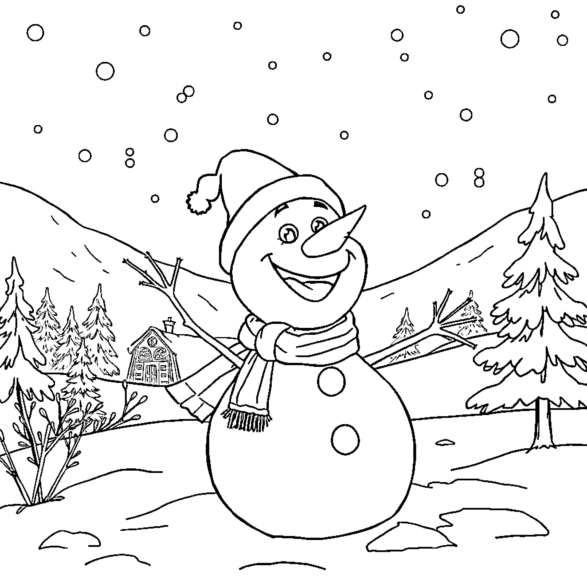 Frozen Snowman's Delightful Winter Wonderland Coloring Page (free black-and-white line drawing printable PDF for all, from beginners to advanced learners, including children, teens, adults, and seniors)