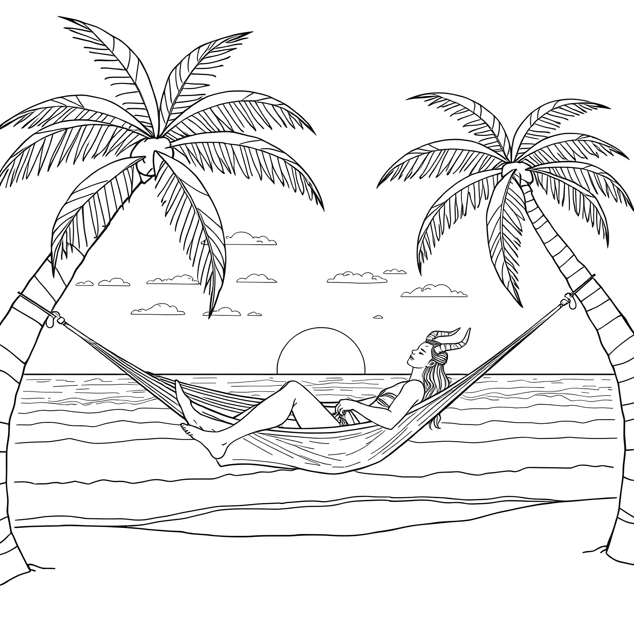 Loki relaxing in a hammock on a tropical beach Coloring Page (free black-and-white line drawing printable PDF for all, from beginners to advanced learners, including children, teens, adults, and seniors)