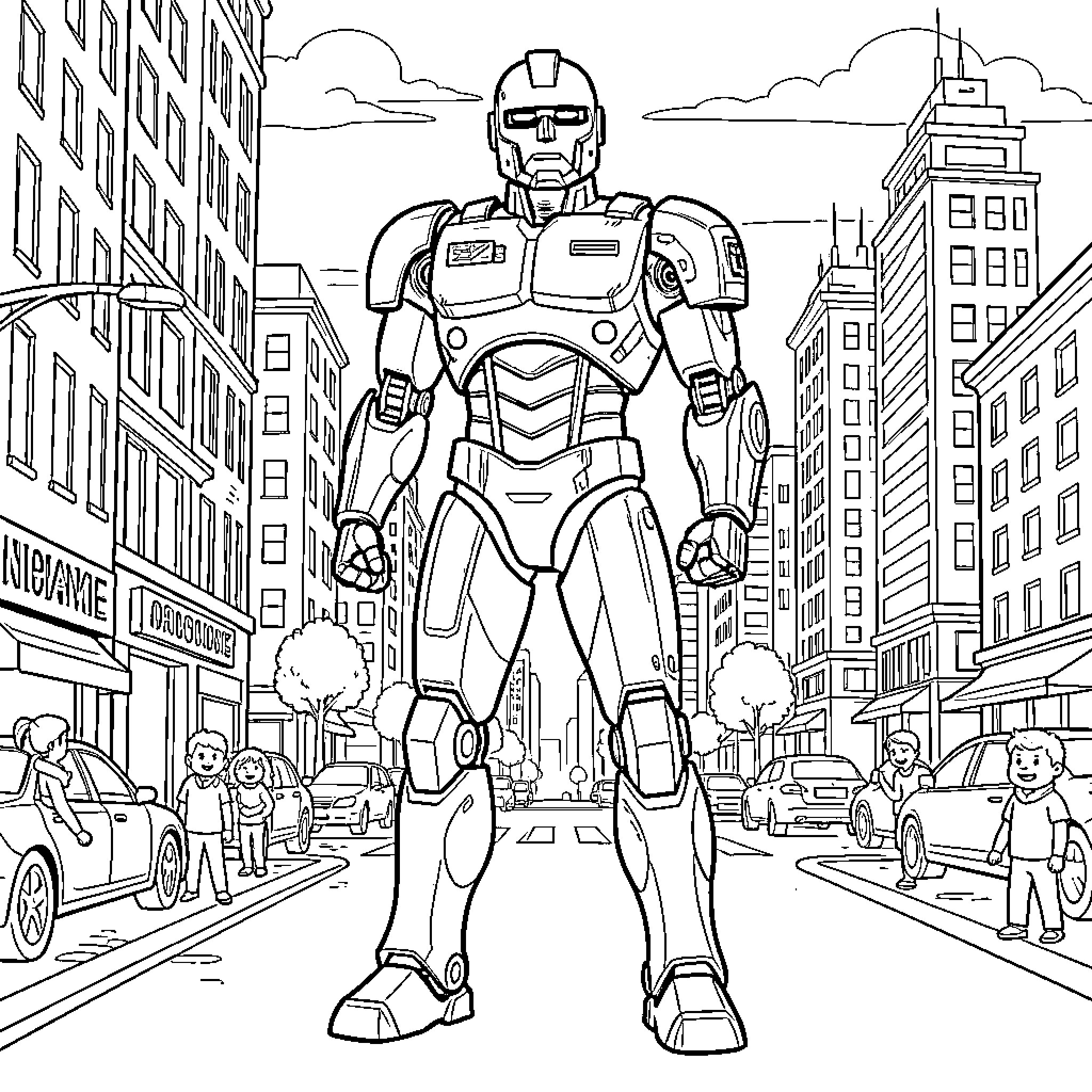 Robocop standing tall in a busy city street Coloring Page (free black-and-white line drawing printable PDF for all, from beginners to advanced learners, including children, teens, adults, and seniors)