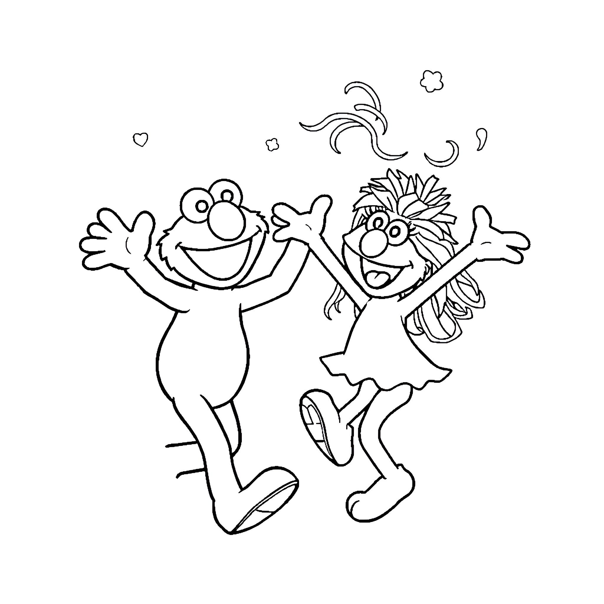 Elmo and friend dancing happily together Coloring Page (free black-and-white line drawing printable PDF for all, from beginners to advanced learners, including children, teens, adults, and seniors)