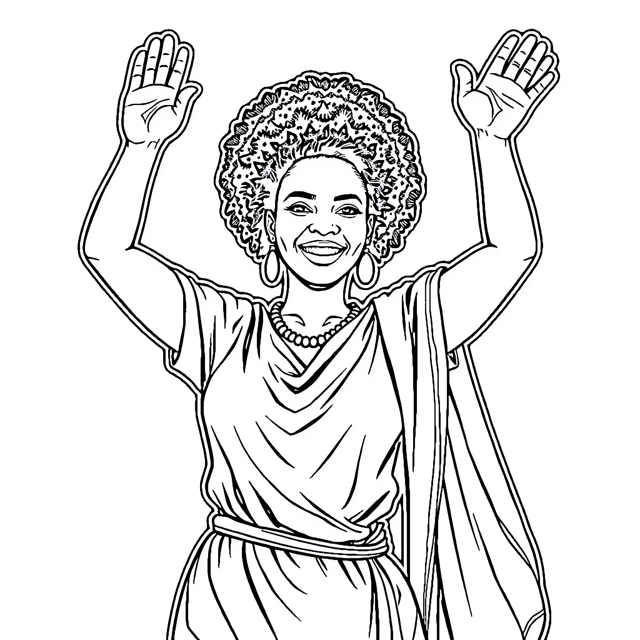 Woman raising arms with joyful expression Coloring Page (free black-and-white line drawing printable PDF for all, from beginners to advanced learners, including children, teens, adults, and seniors)
