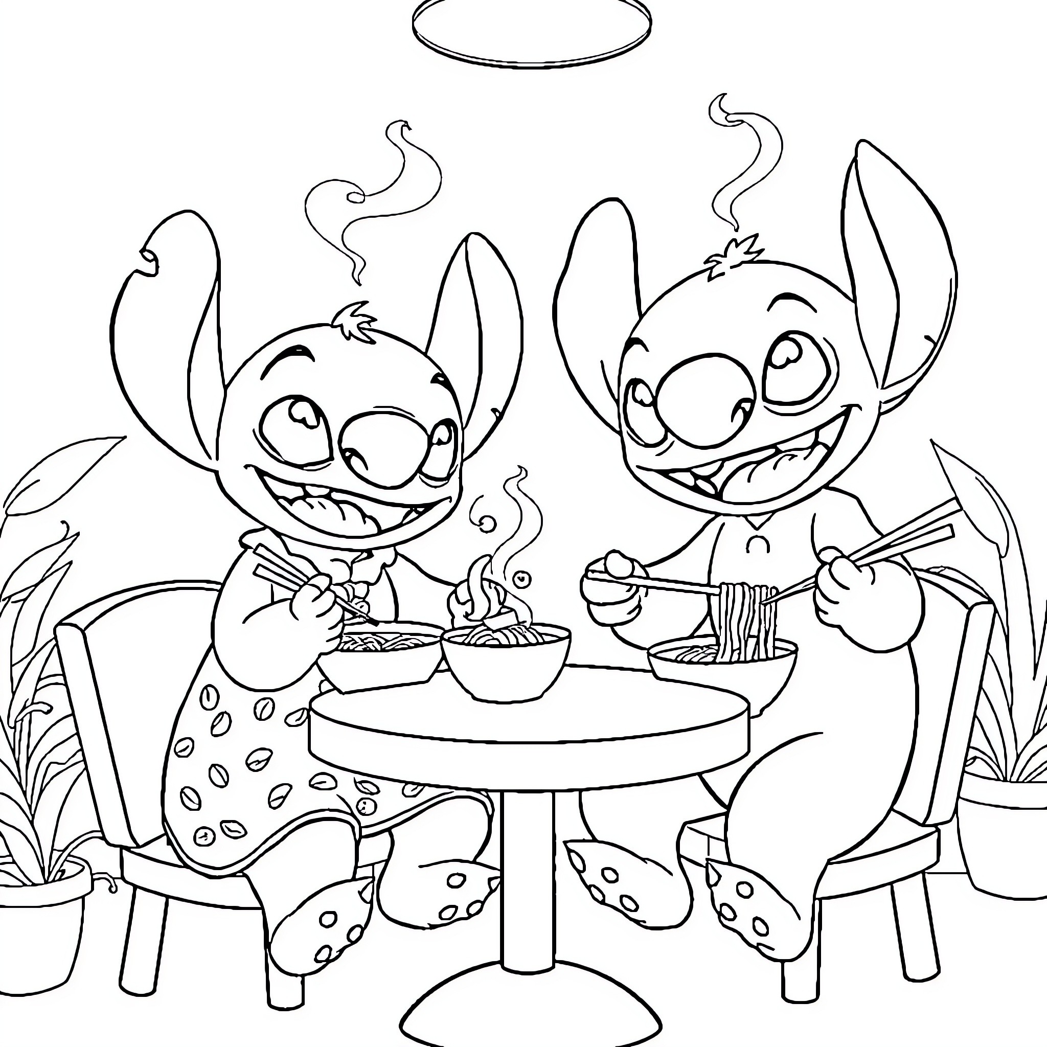 Lilo and Stitch enjoying a meal together Coloring Page (free black-and-white line drawing printable PDF for all, from beginners to advanced learners, including children, teens, adults, and seniors)