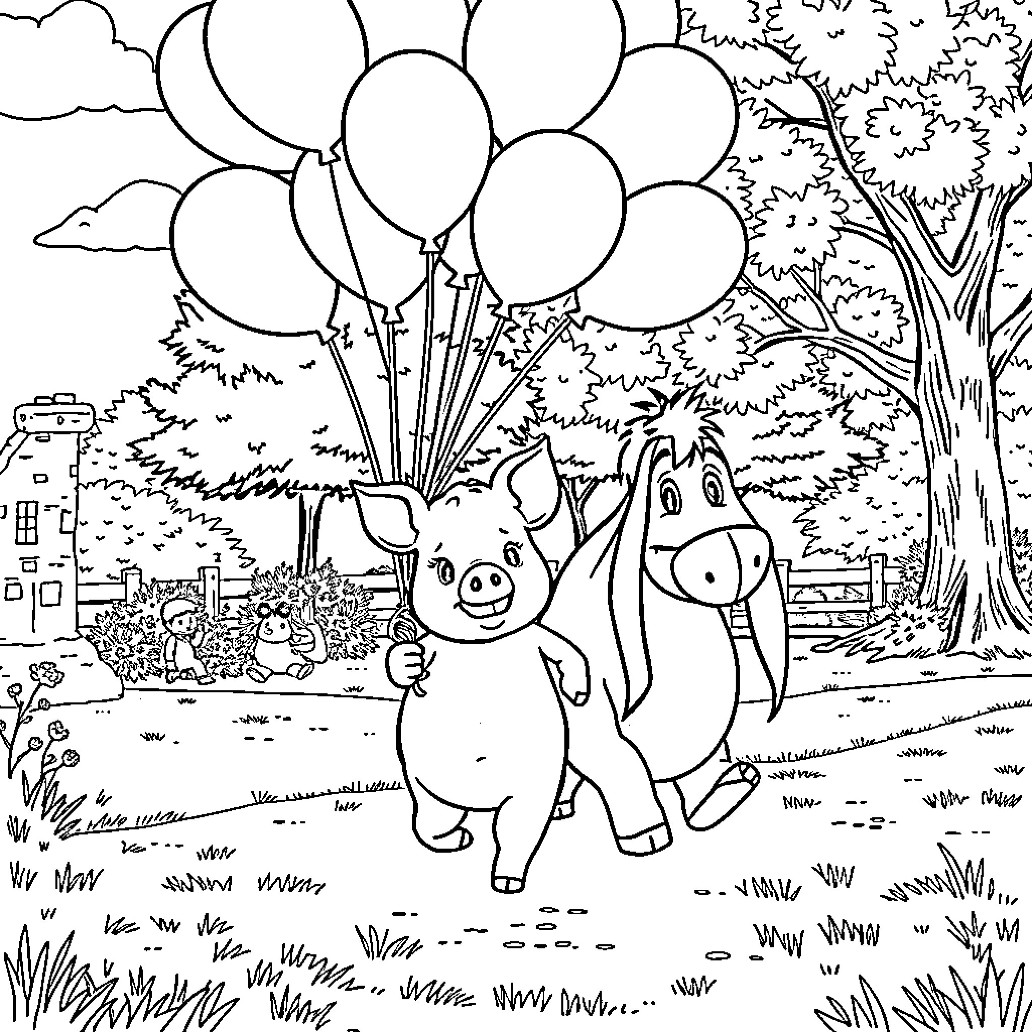 Piglet and friend exploring the park with balloons Coloring Page (free black-and-white line drawing printable PDF for all, from beginners to advanced learners, including children, teens, adults, and seniors)