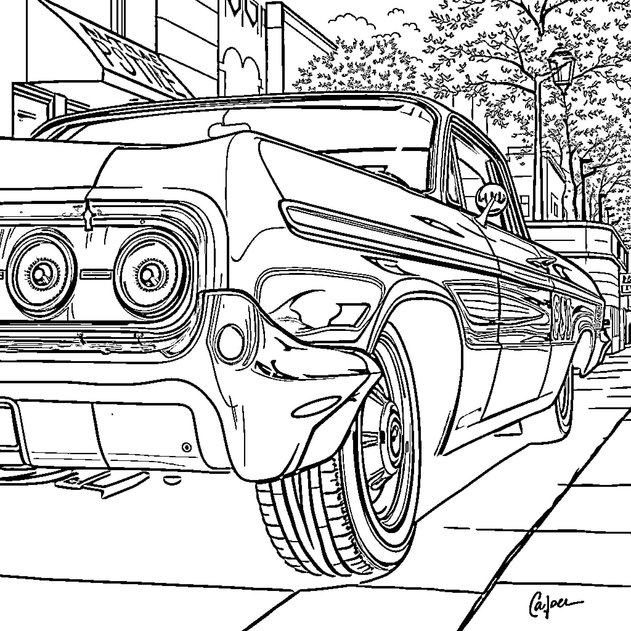 Impala muscle car on city street Coloring Page (free black-and-white line drawing printable PDF for all, from beginners to advanced learners, including children, teens, adults, and seniors)