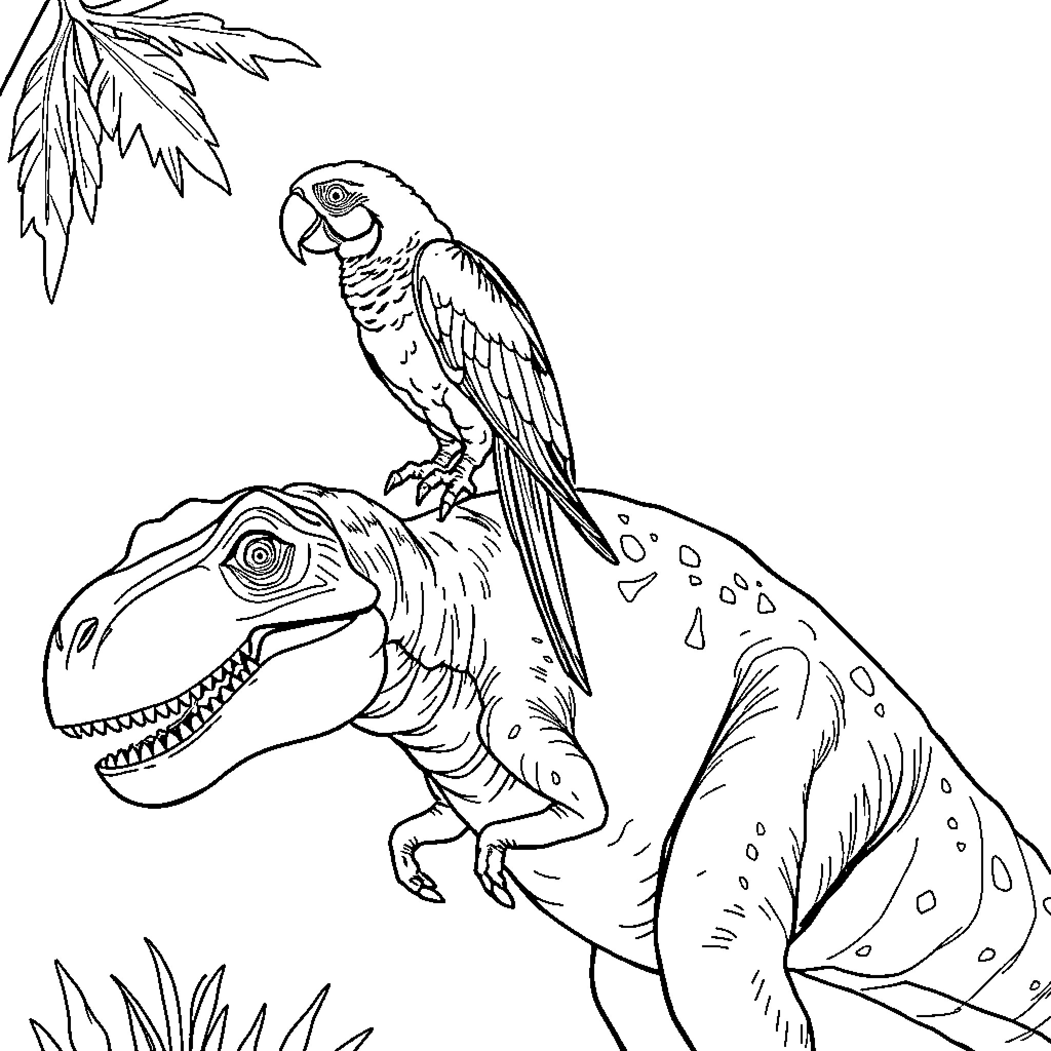 Dinosaur and parrot in jungle scene Coloring Page (free black-and-white line drawing printable PDF for all, from beginners to advanced learners, including children, teens, adults, and seniors)
