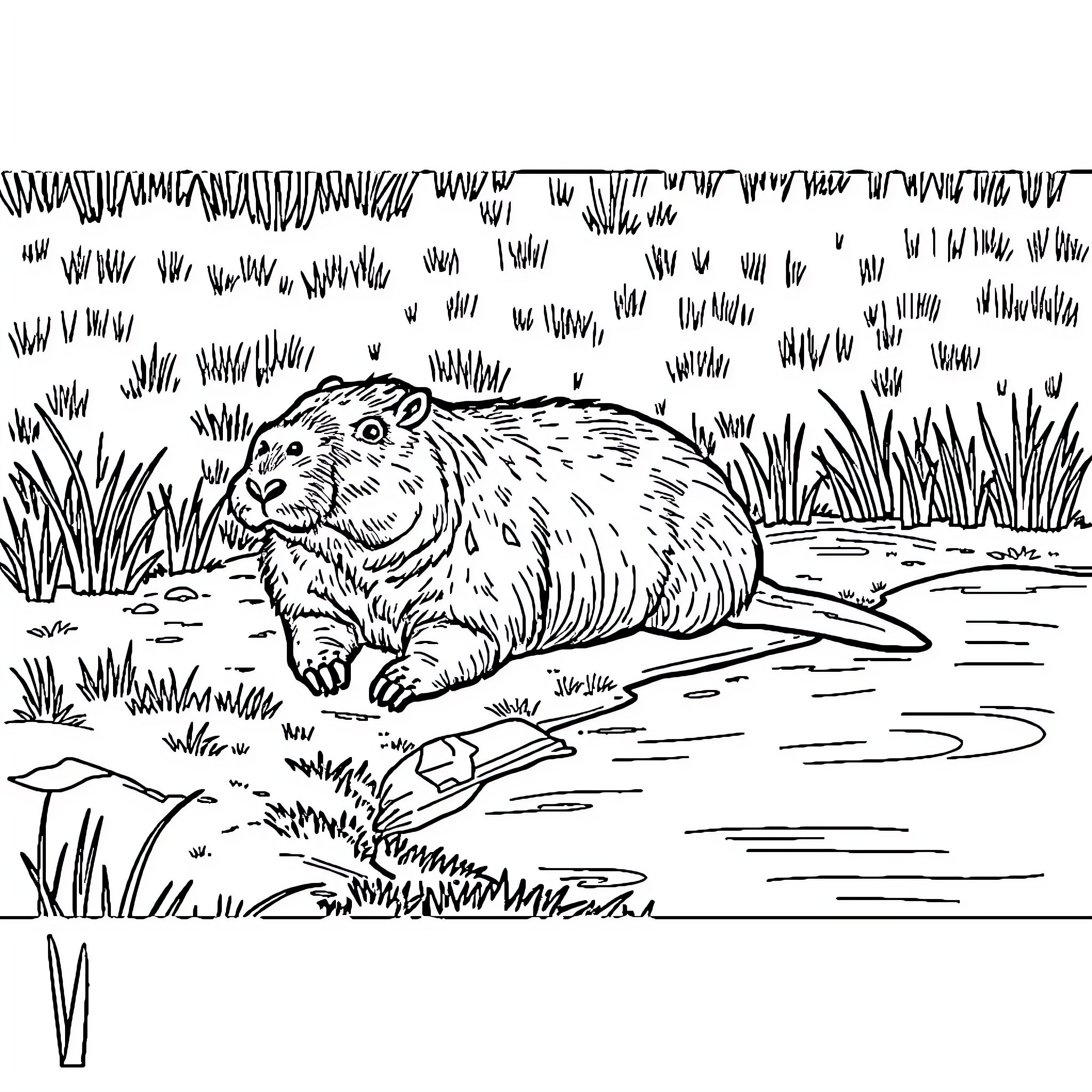 Capybara exploring the lush wetland habitat Coloring Page (free black-and-white line drawing printable PDF for all, from beginners to advanced learners, including children, teens, adults, and seniors)