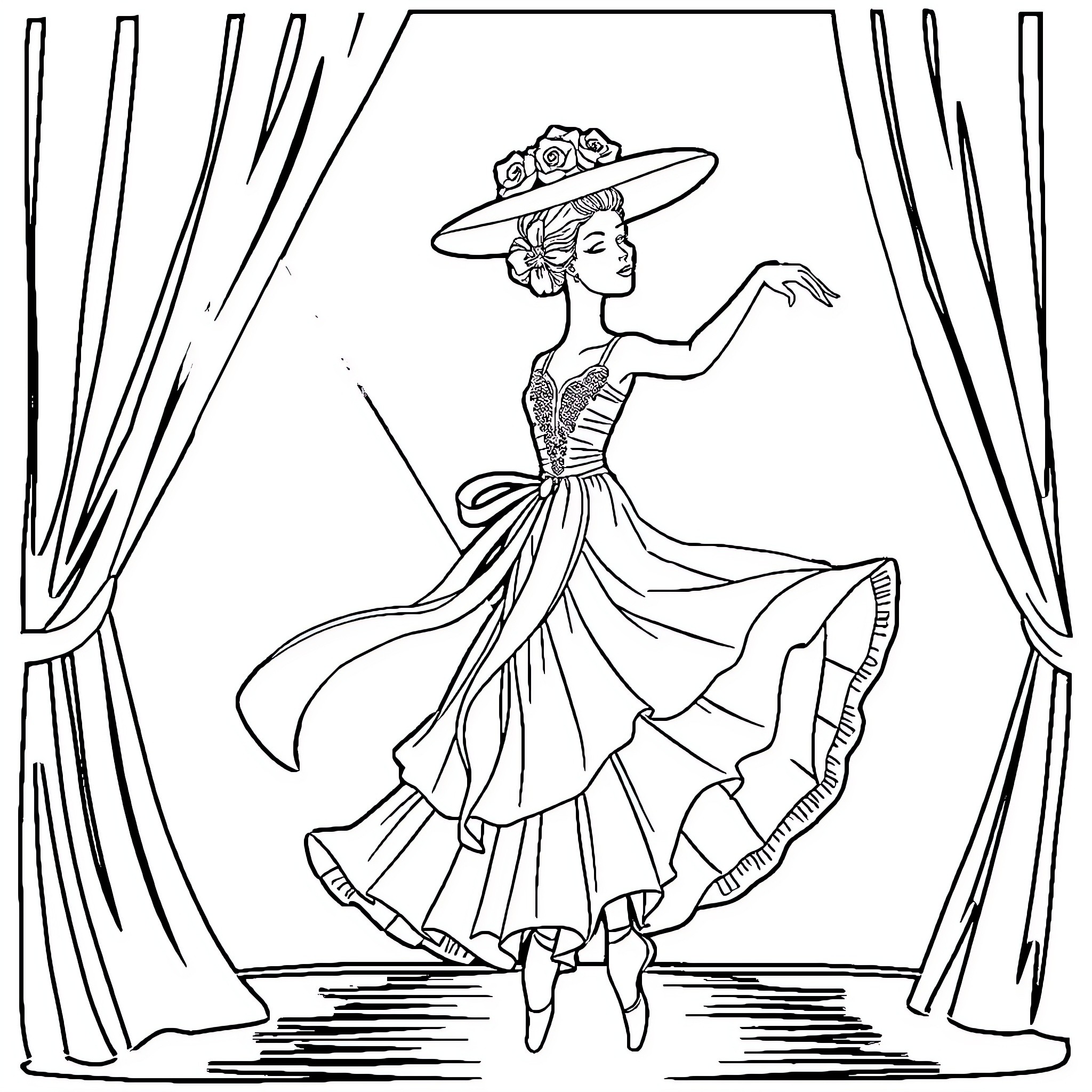 Ballerina Performing on Stage with Elegant Dress Coloring Page (free black-and-white line drawing printable PDF for all, from beginners to advanced learners, including children, teens, adults, and seniors)