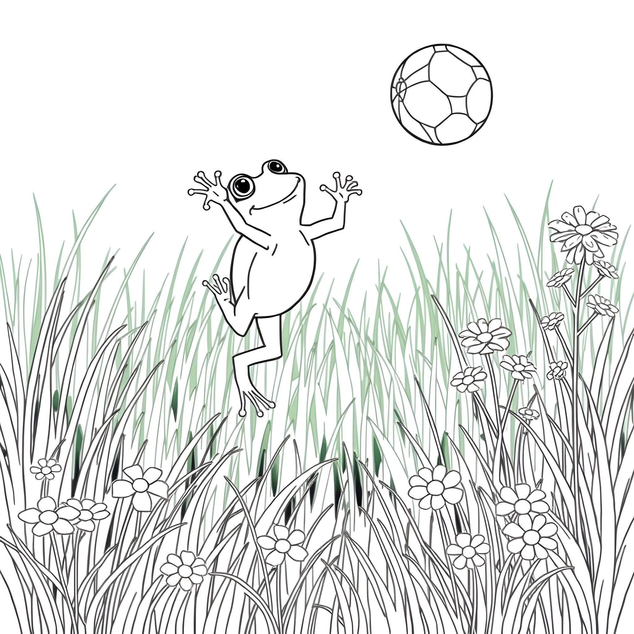 Frog leaping after a soccer ball in the meadow Coloring Page (free black-and-white line drawing printable PDF for all, from beginners to advanced learners, including children, teens, adults, and seniors)