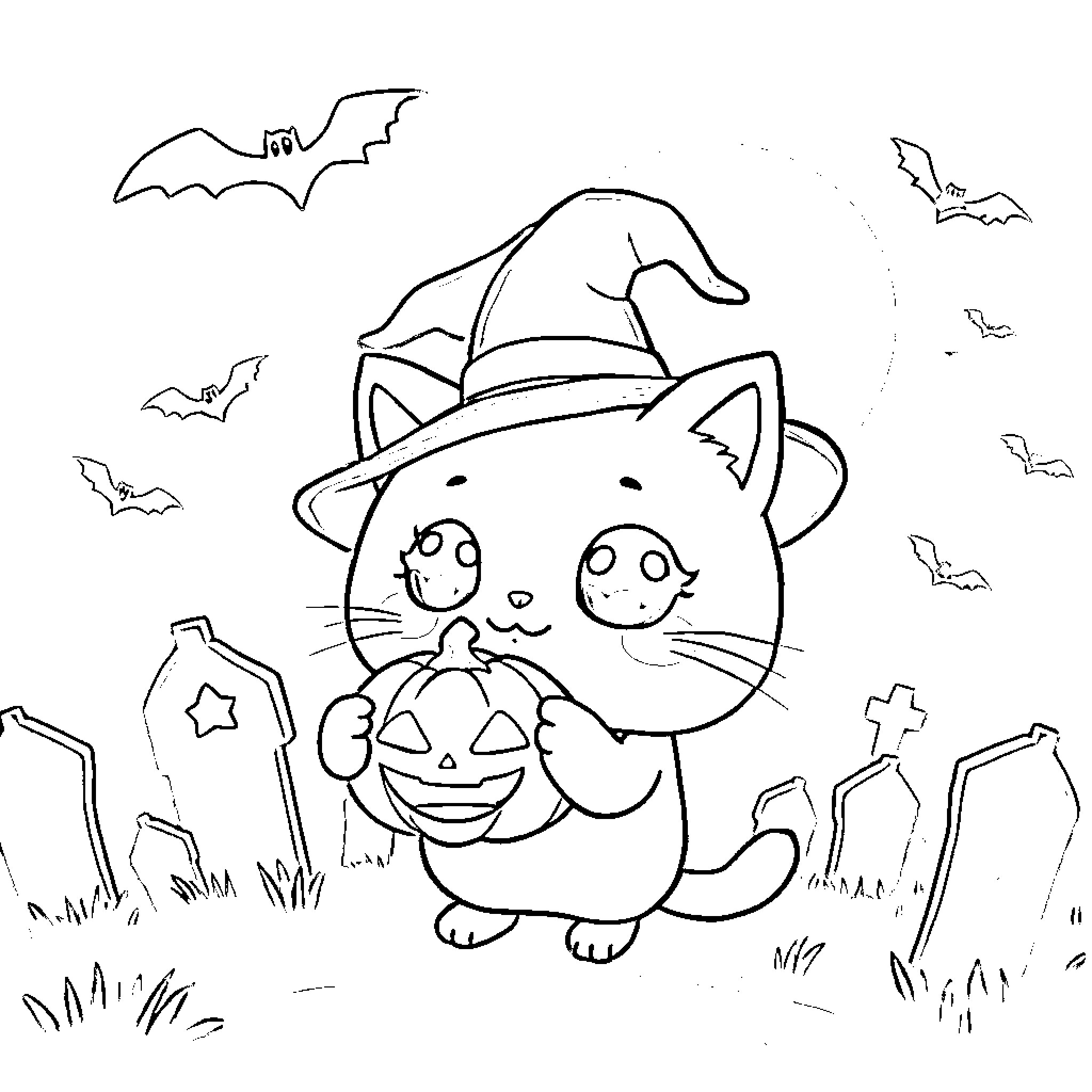 Cat in Witch Costume Holding Pumpkin Bucket Coloring Page (free black-and-white line drawing printable PDF for all, from beginners to advanced learners, including children, teens, adults, and seniors)