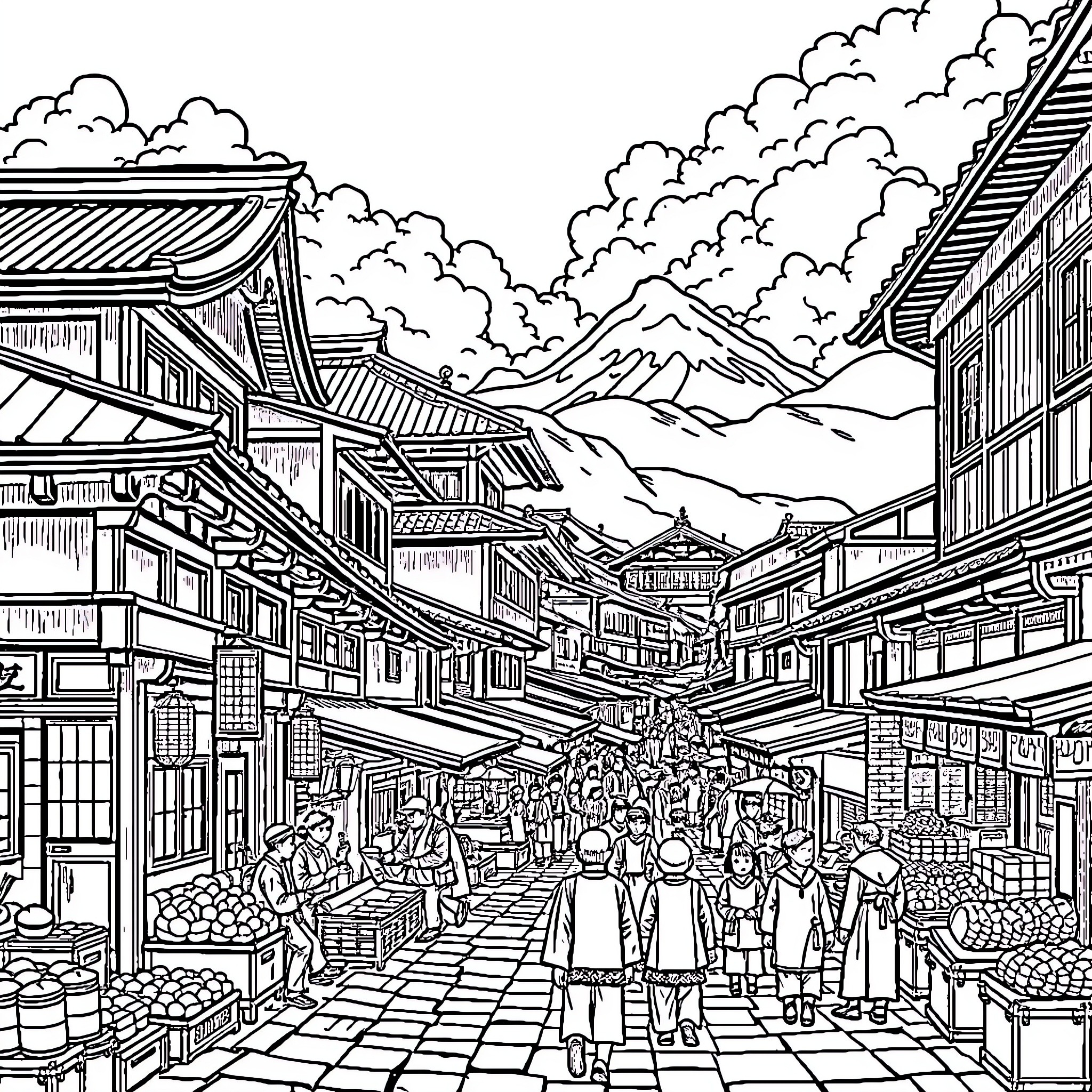 Japan Street Market with Crowds and Snowy Mountains Coloring Page (free black-and-white line drawing printable PDF for all, from beginners to advanced learners, including children, teens, adults, and seniors)