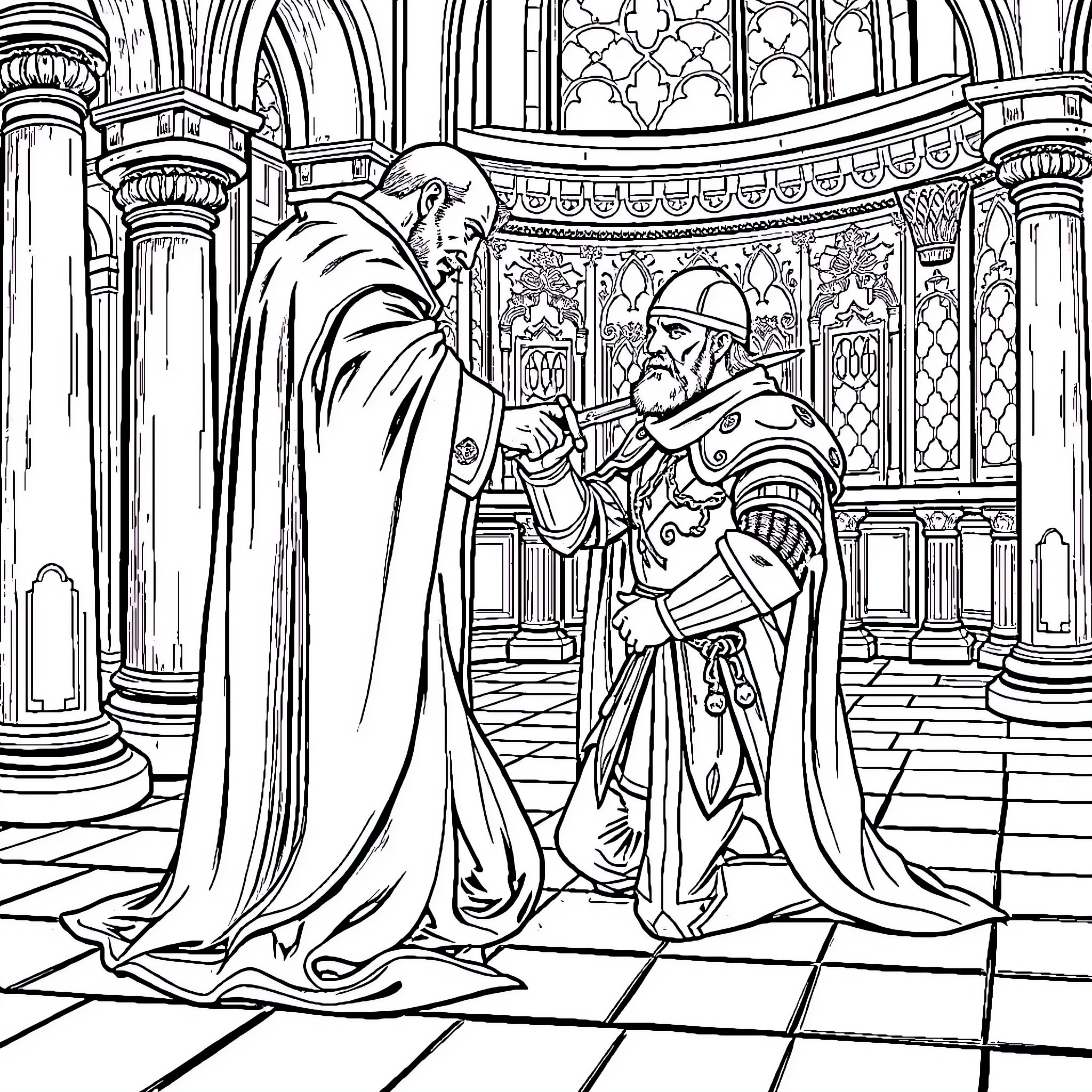 Fred Durst in Conversation with a Robed Figure in a Grand Cathedral Coloring Page (free black-and-white line drawing printable PDF for all, from beginners to advanced learners, including children, teens, adults, and seniors)