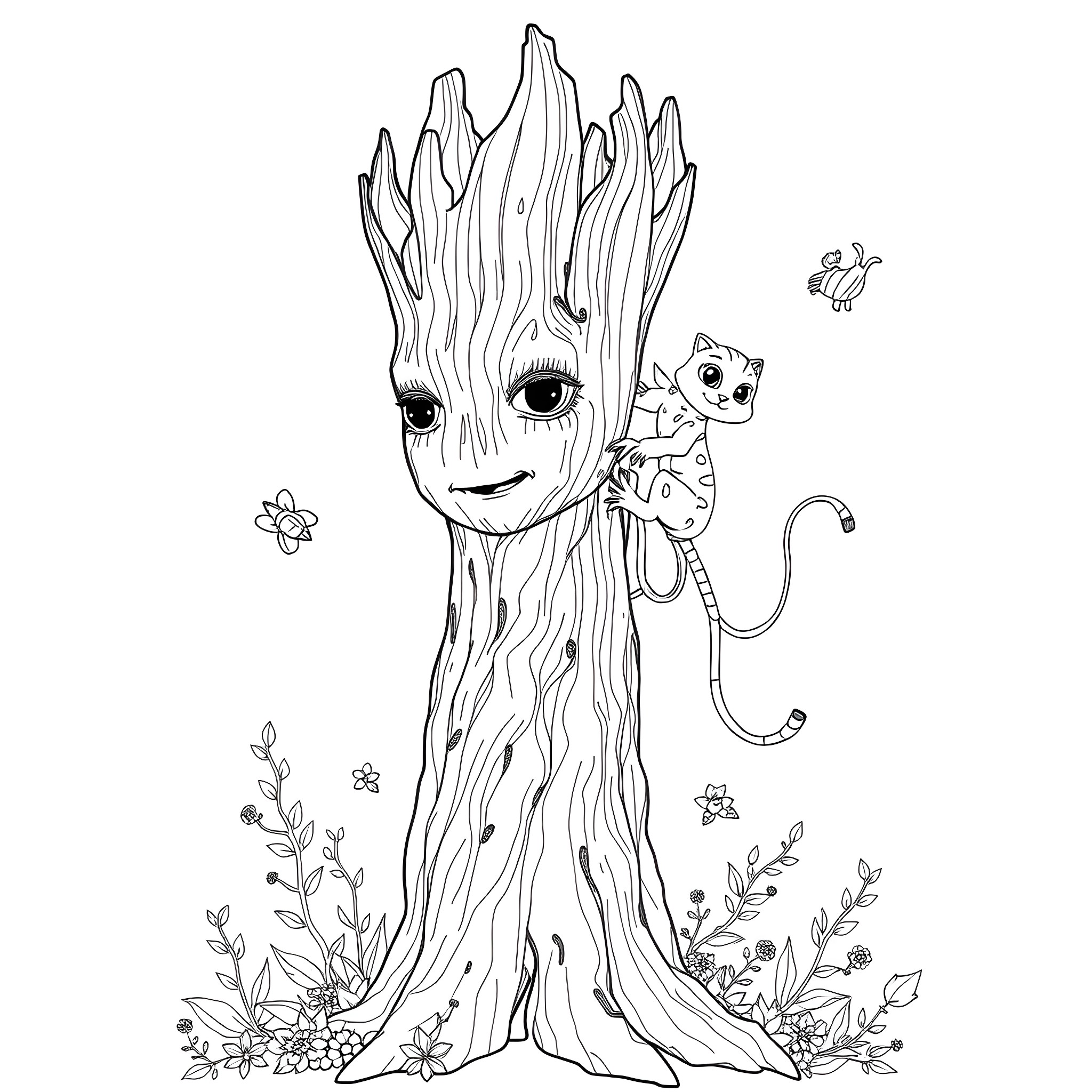 Groot having a friendly encounter with a small creature Coloring Page (free black-and-white line drawing printable PDF for all, from beginners to advanced learners, including children, teens, adults, and seniors)