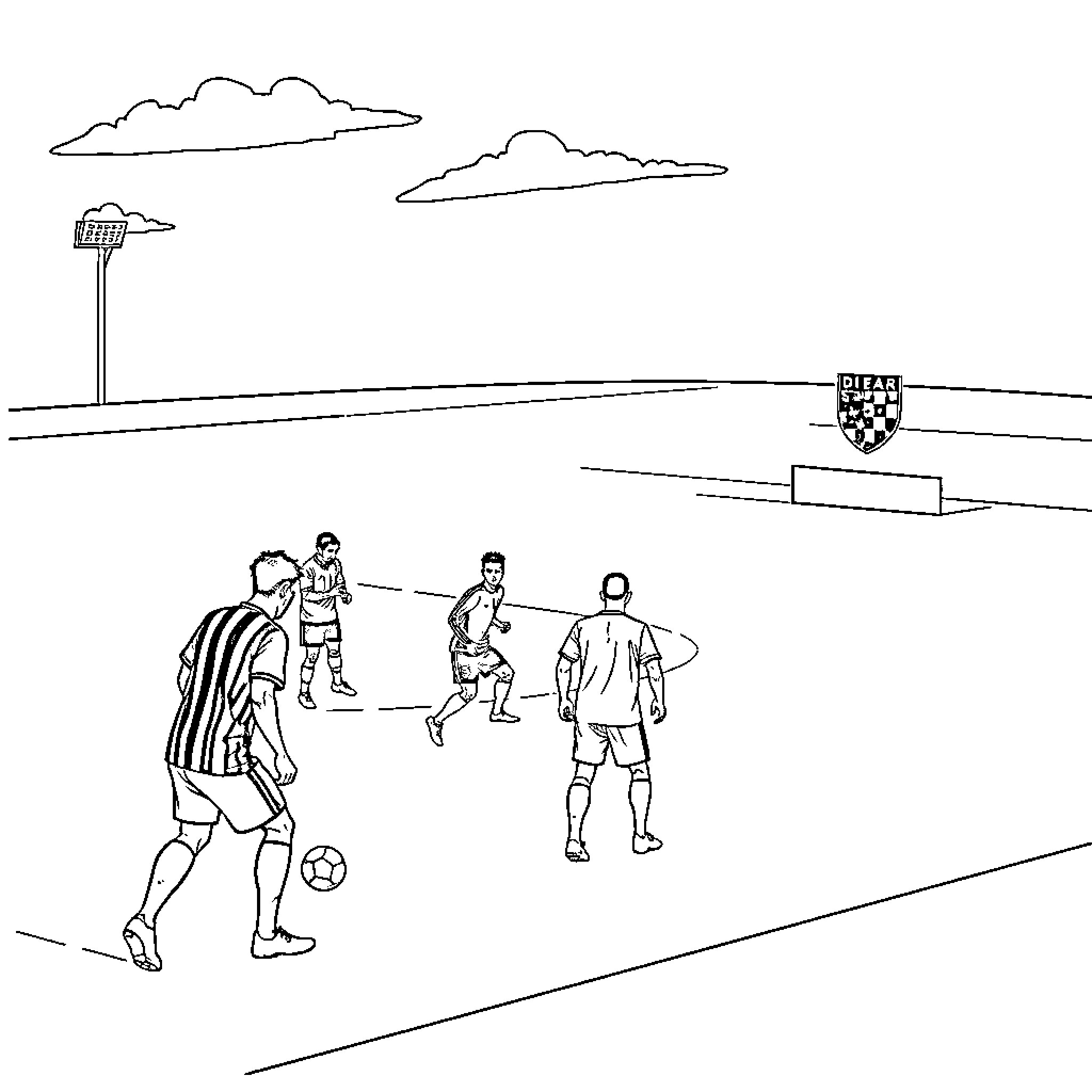 Dinamo Zagreb players in an intense soccer match Coloring Page (free black-and-white line drawing printable PDF for all, from beginners to advanced learners, including children, teens, adults, and seniors)
