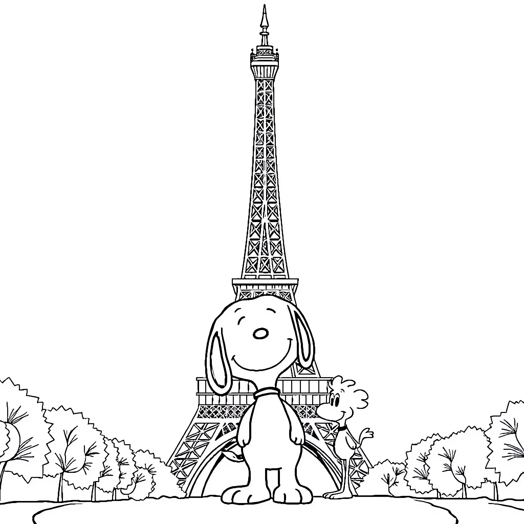 Snoopy enjoying the sights of the Eiffel Tower Coloring Page (free black-and-white line drawing printable PDF for all, from beginners to advanced learners, including children, teens, adults, and seniors)