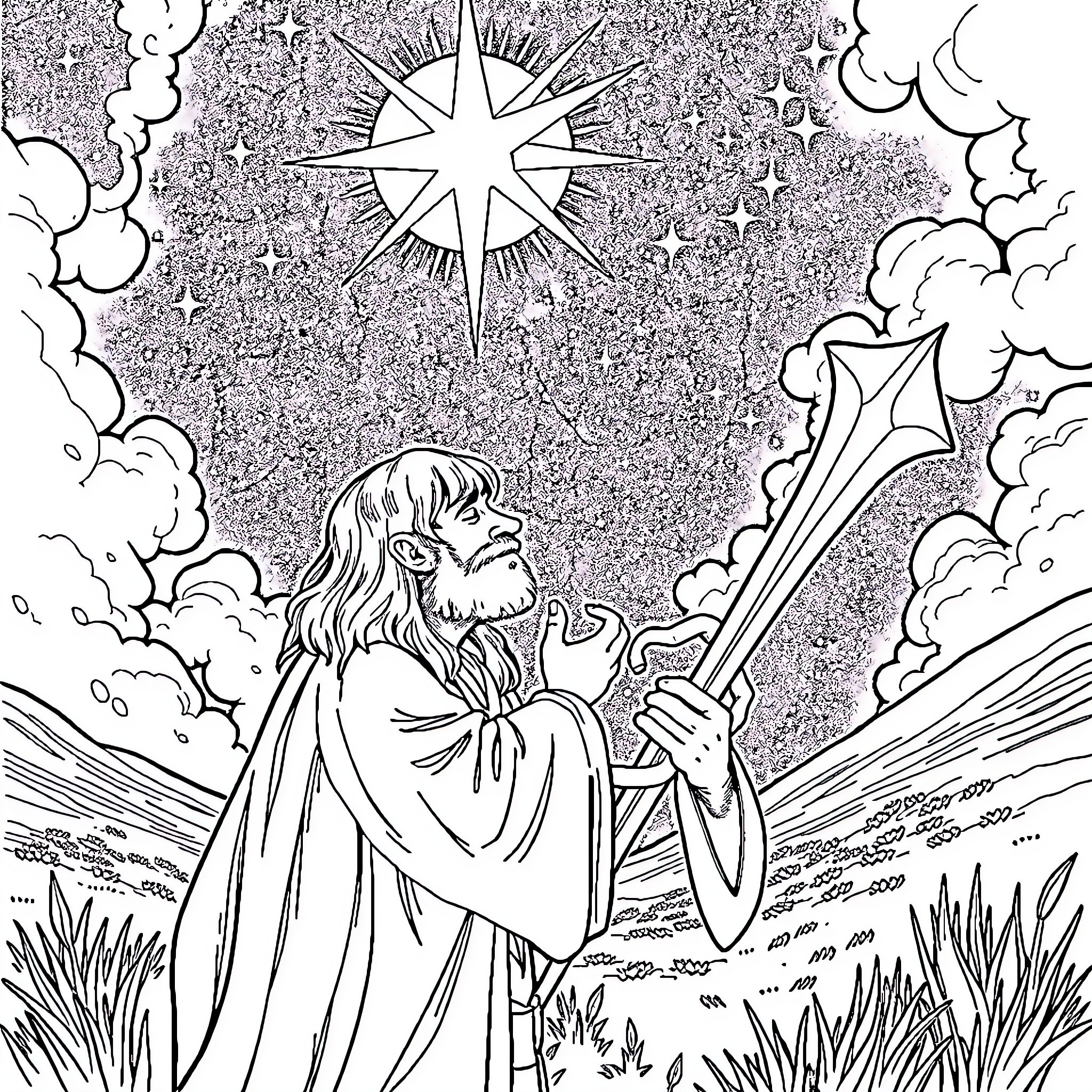 Hobbit gazing at the radiant night sky Coloring Page (free black-and-white line drawing printable PDF for all, from beginners to advanced learners, including children, teens, adults, and seniors)