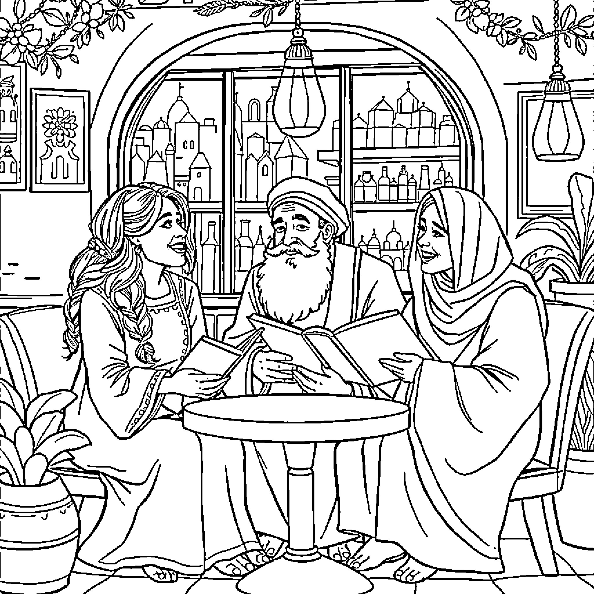 Rumi and Disciples in Contemplation Coloring Page (free black-and-white line drawing printable PDF for all, from beginners to advanced learners, including children, teens, adults, and seniors)