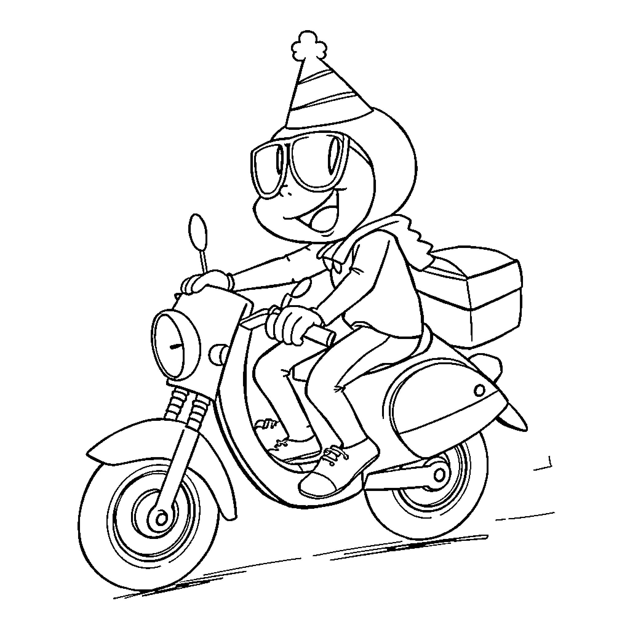 Mono Scooter-riding Cartoon Character Coloring Page (free black-and-white line drawing printable PDF for all, from beginners to advanced learners, including children, teens, adults, and seniors)