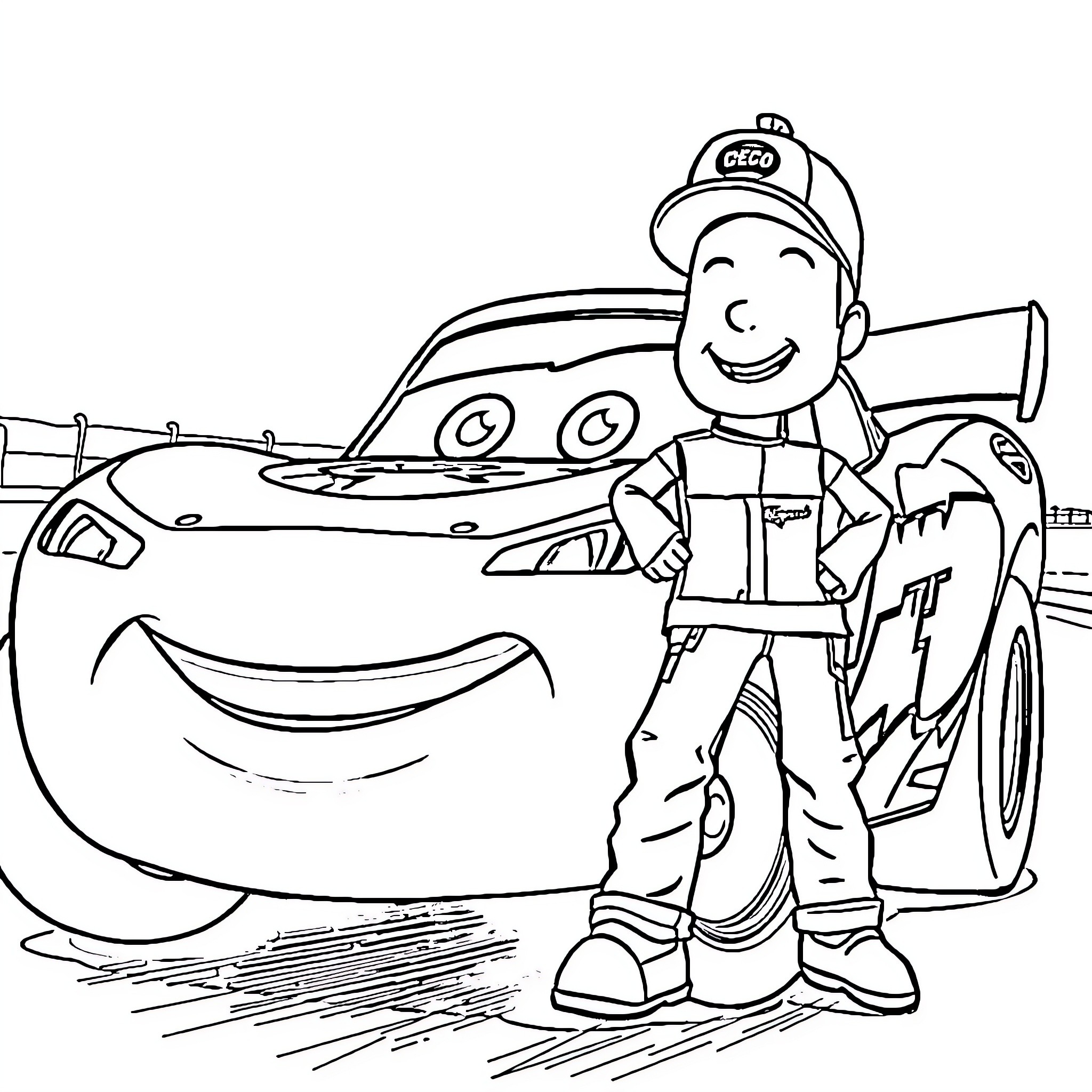 Checo Pérez fixing a race car with a happy expression Coloring Page (free black-and-white line drawing printable PDF for all, from beginners to advanced learners, including children, teens, adults, and seniors)