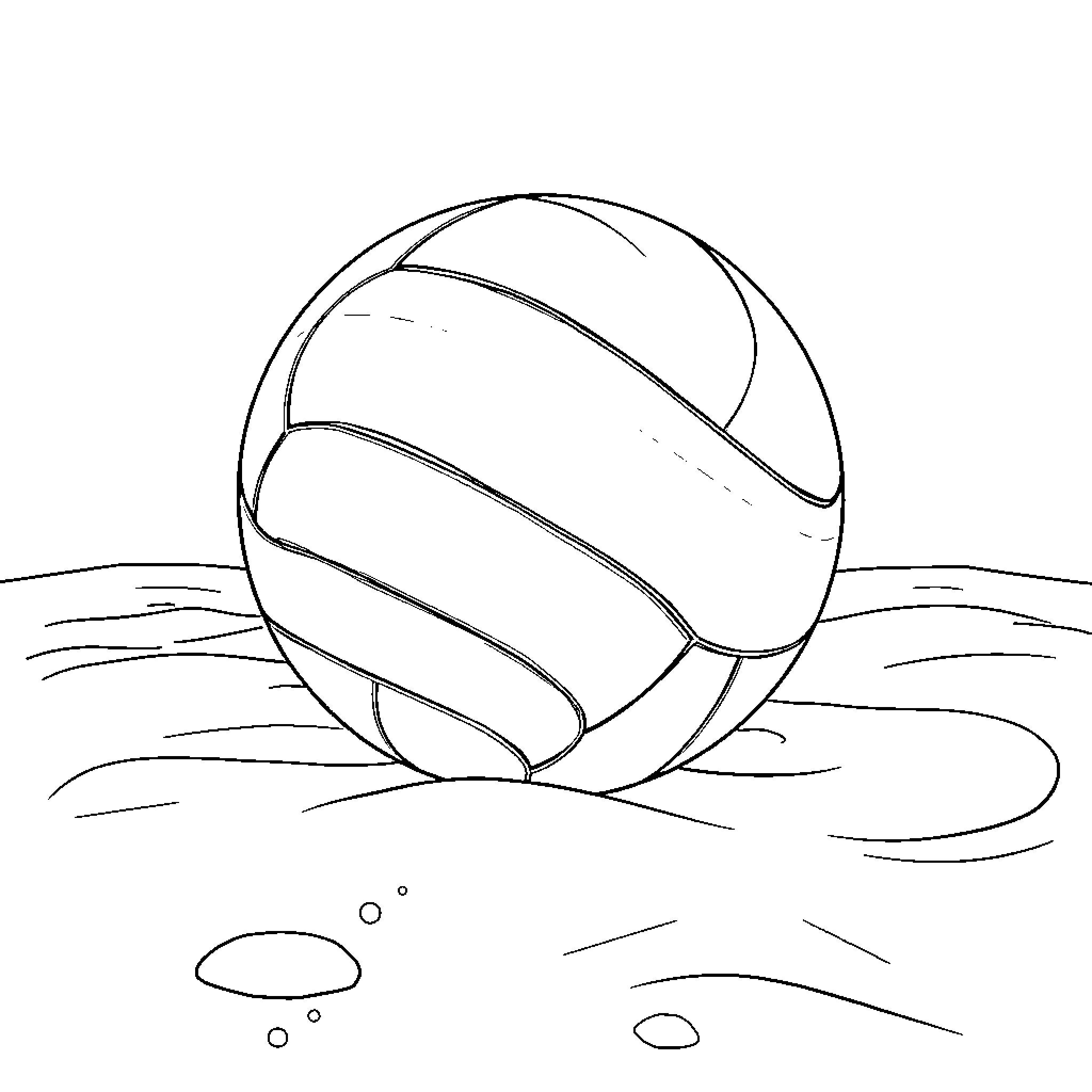 Beach Ball Rolling on the Sand Coloring Page (free black-and-white line drawing printable PDF for all, from beginners to advanced learners, including children, teens, adults, and seniors)