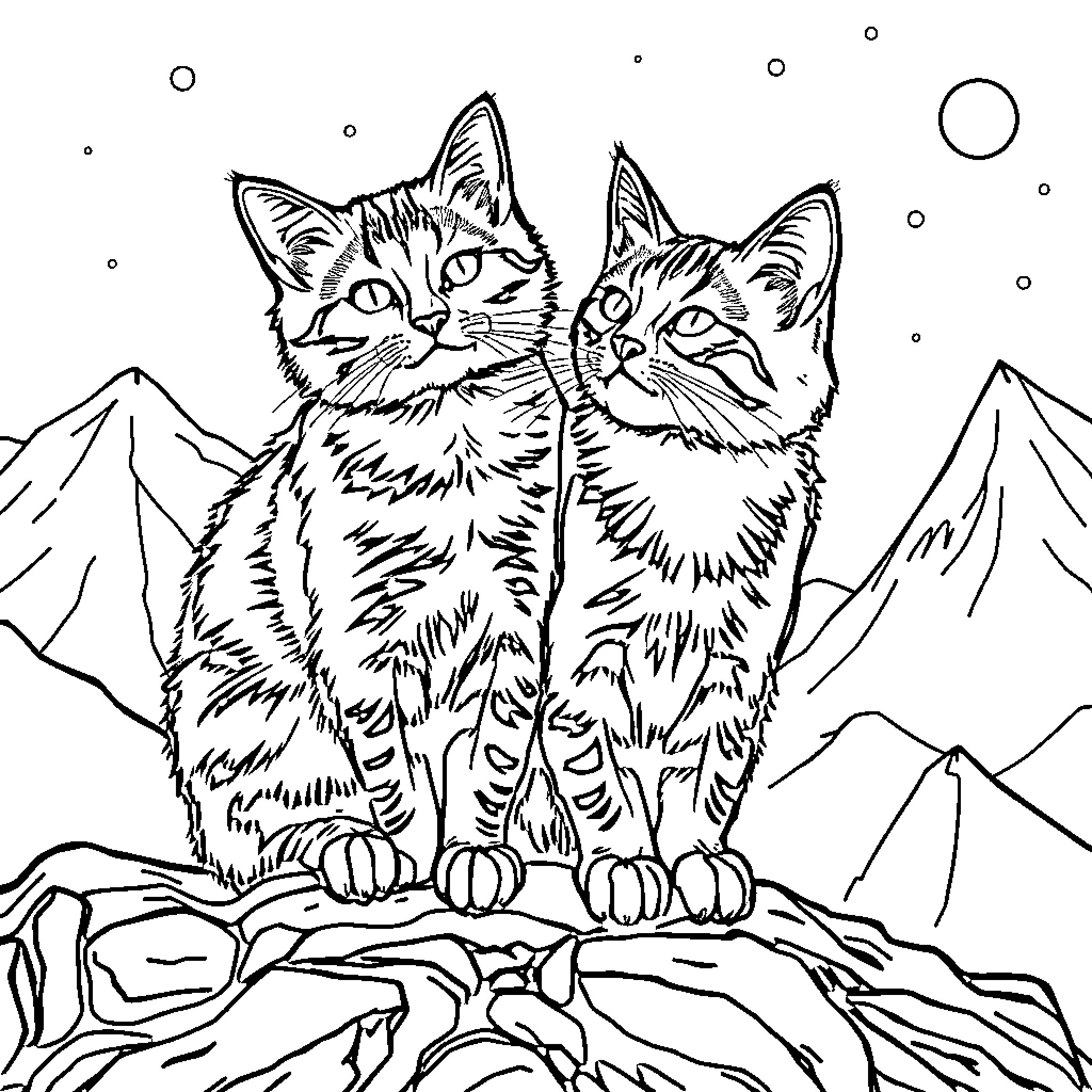 Kittens exploring the snowy landscape Coloring Page (free black-and-white line drawing printable PDF for all, from beginners to advanced learners, including children, teens, adults, and seniors)