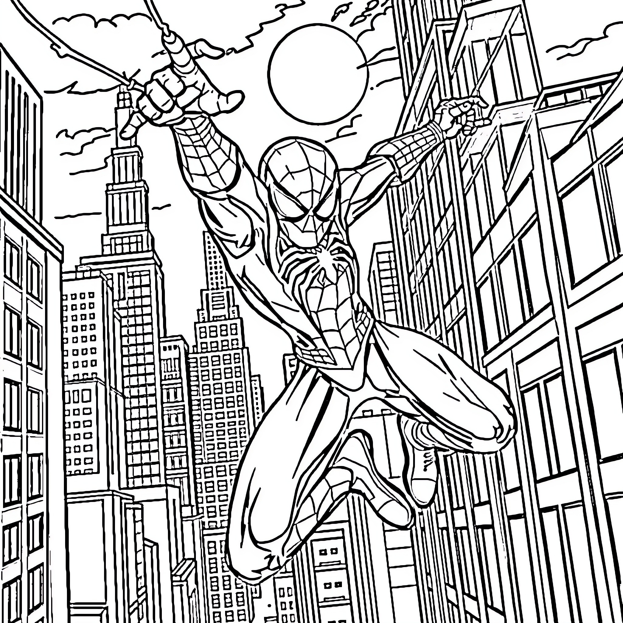 Spider-Man swinging through the city skyline Coloring Page (free black-and-white line drawing printable PDF for all, from beginners to advanced learners, including children, teens, adults, and seniors)