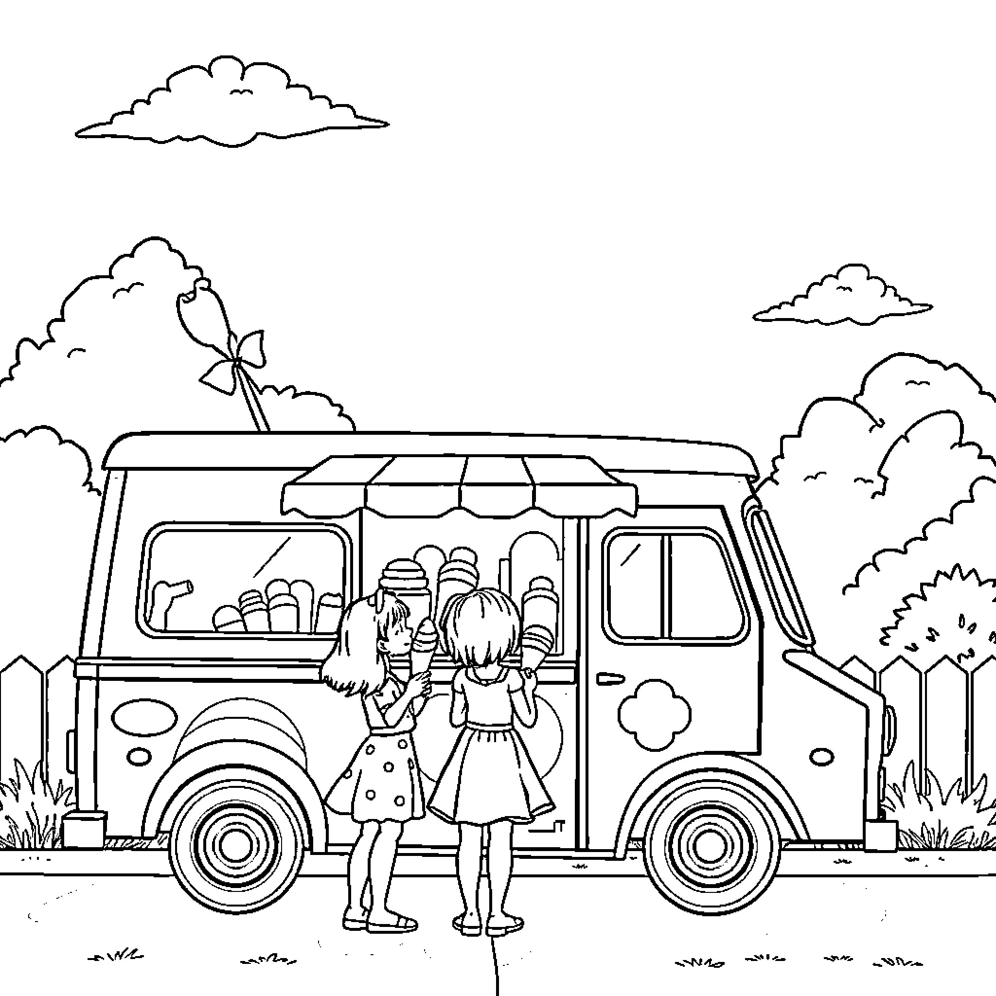 Ice Cream Truck with Excited Children Coloring Page (free black-and-white line drawing printable PDF for all, from beginners to advanced learners, including children, teens, adults, and seniors)