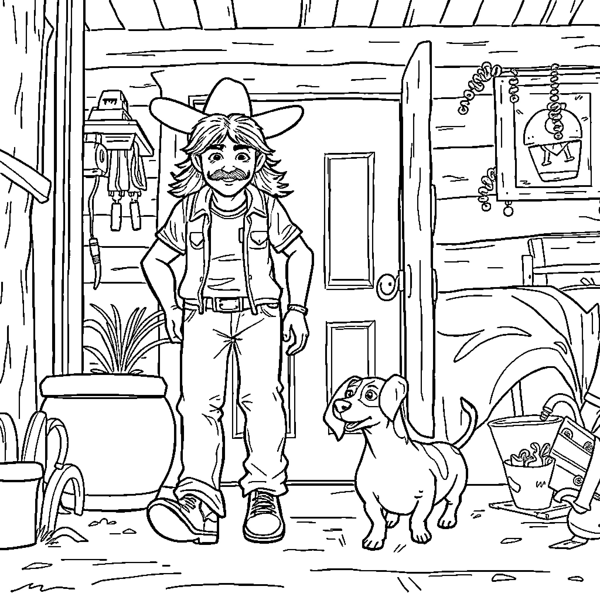 Dachshund Accompanying Cowboy in Ranch Dwelling Coloring Page (free black-and-white line drawing printable PDF for all, from beginners to advanced learners, including children, teens, adults, and seniors)