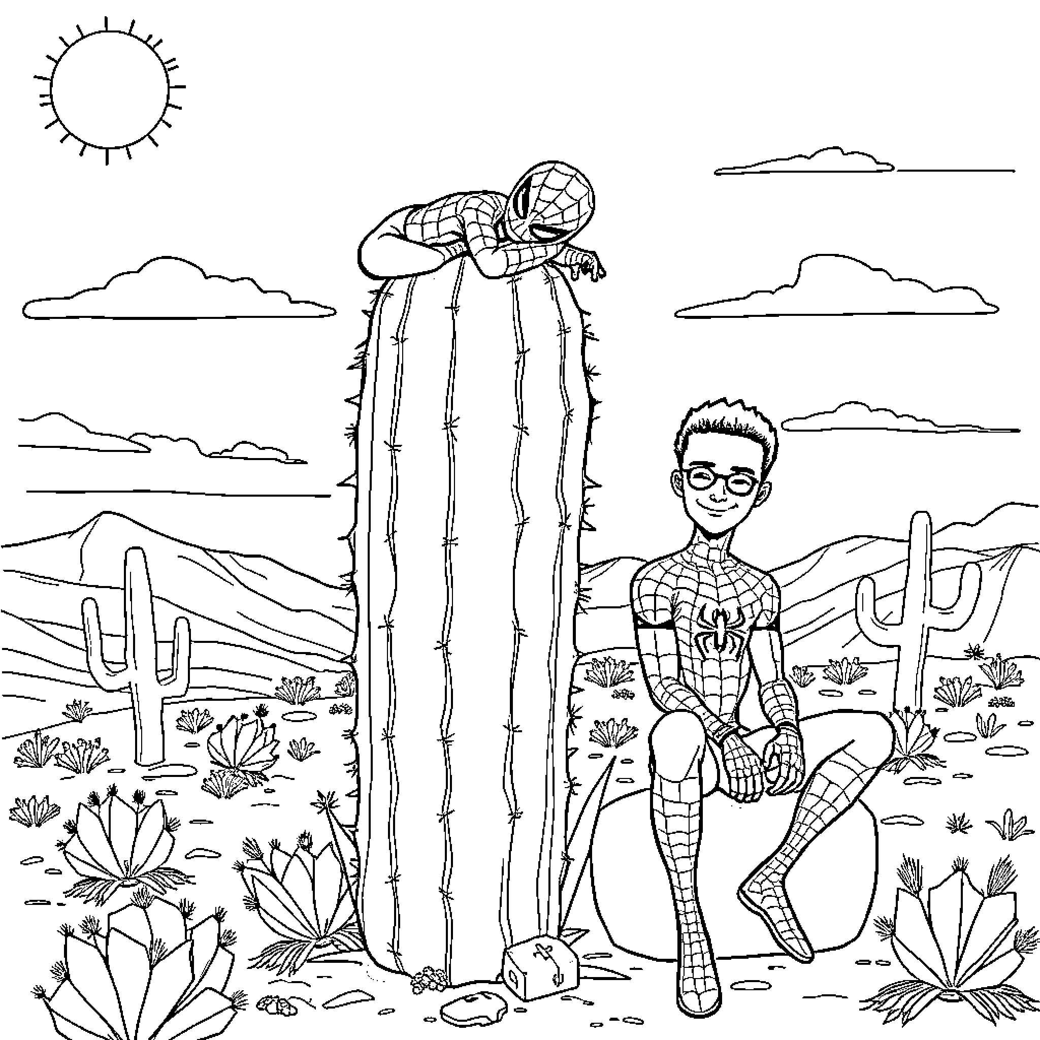 Spiderman exploring the desert landscape Coloring Page (free black-and-white line drawing printable PDF for all, from beginners to advanced learners, including children, teens, adults, and seniors)