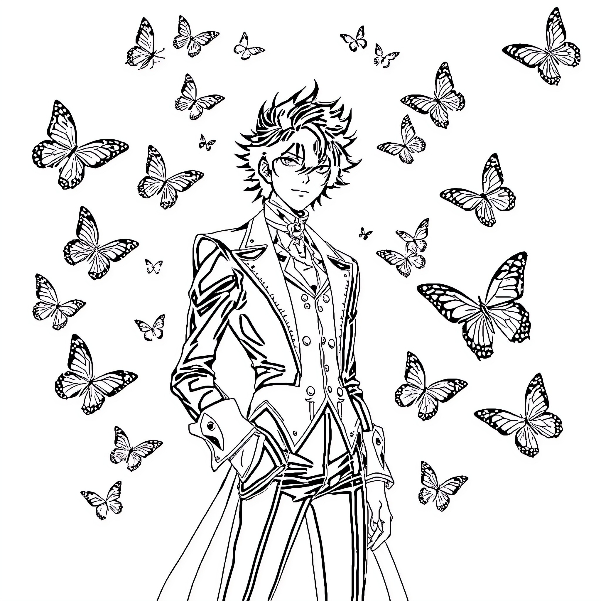 Tyki Mikk surrounded by fluttering butterflies Coloring Page (free black-and-white line drawing printable PDF for all, from beginners to advanced learners, including children, teens, adults, and seniors)
