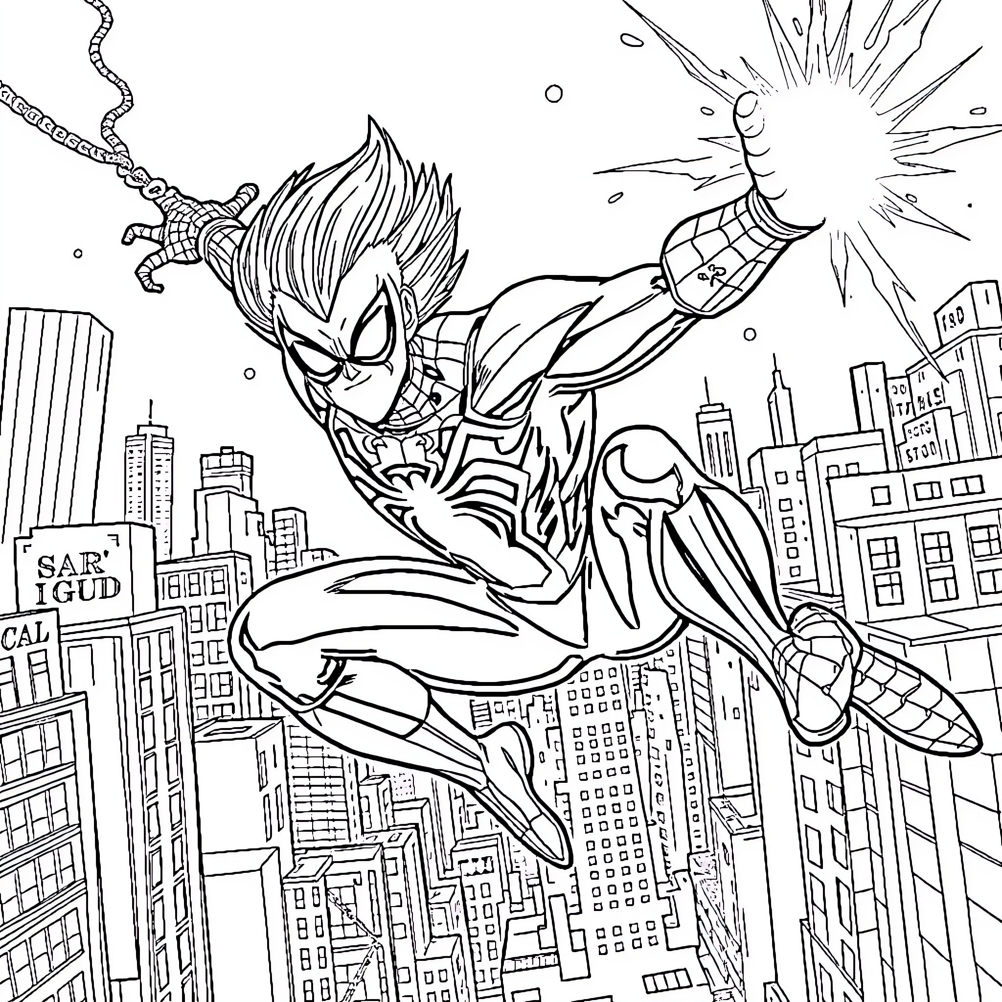 Spiderman swinging through a dynamic urban cityscape Coloring Page (free black-and-white line drawing printable PDF for all, from beginners to advanced learners, including children, teens, adults, and seniors)