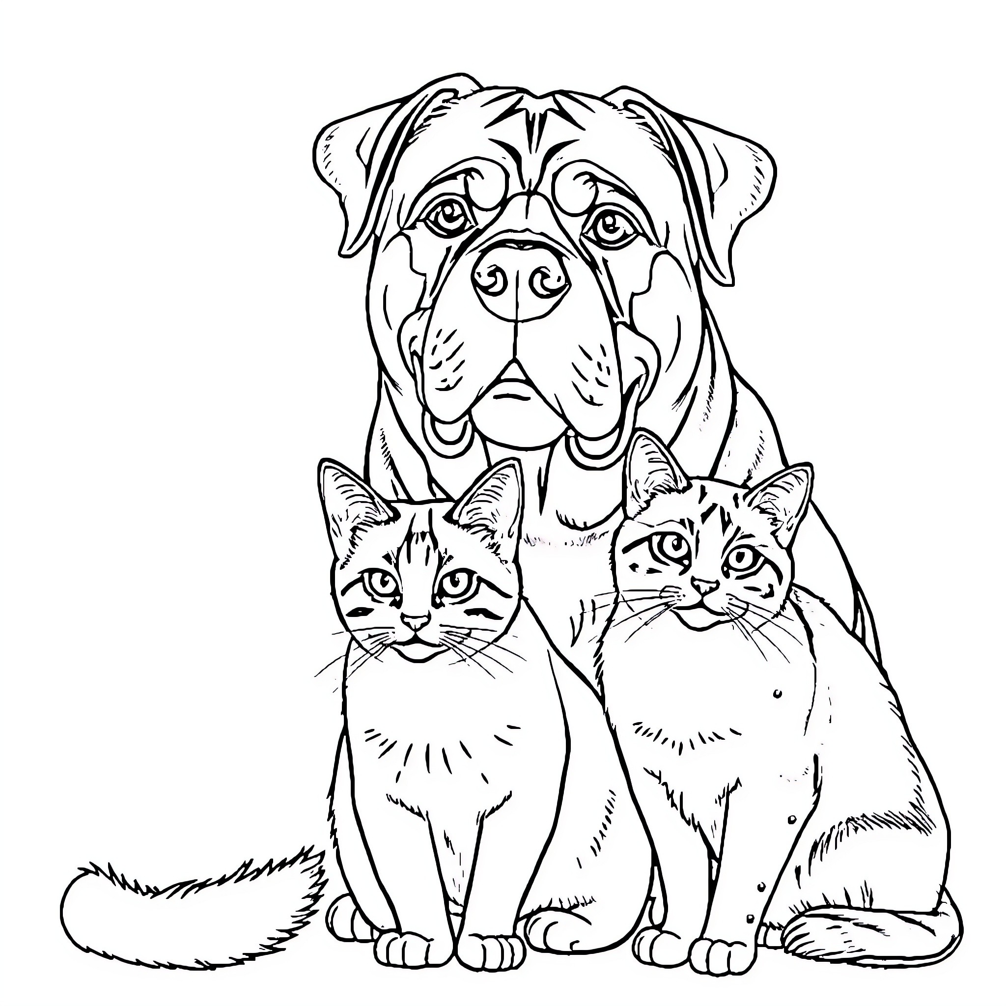Cat and Dogs Together in Sketch Art Coloring Page (free black-and-white line drawing printable PDF for all, from beginners to advanced learners, including children, teens, adults, and seniors)